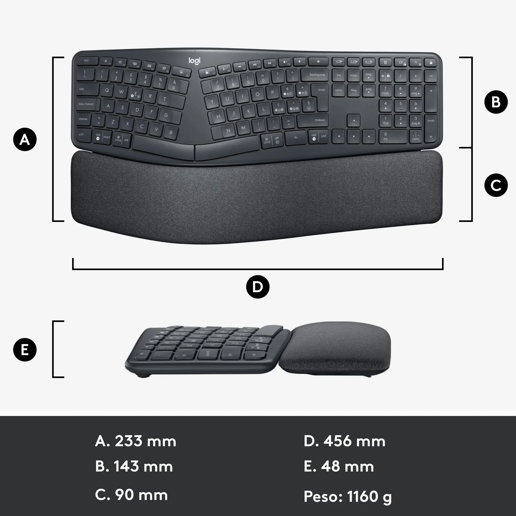 Logitech ERGO K860 Wireless Split Keyboard Ergonomic Italian Layout QWERTY Grey