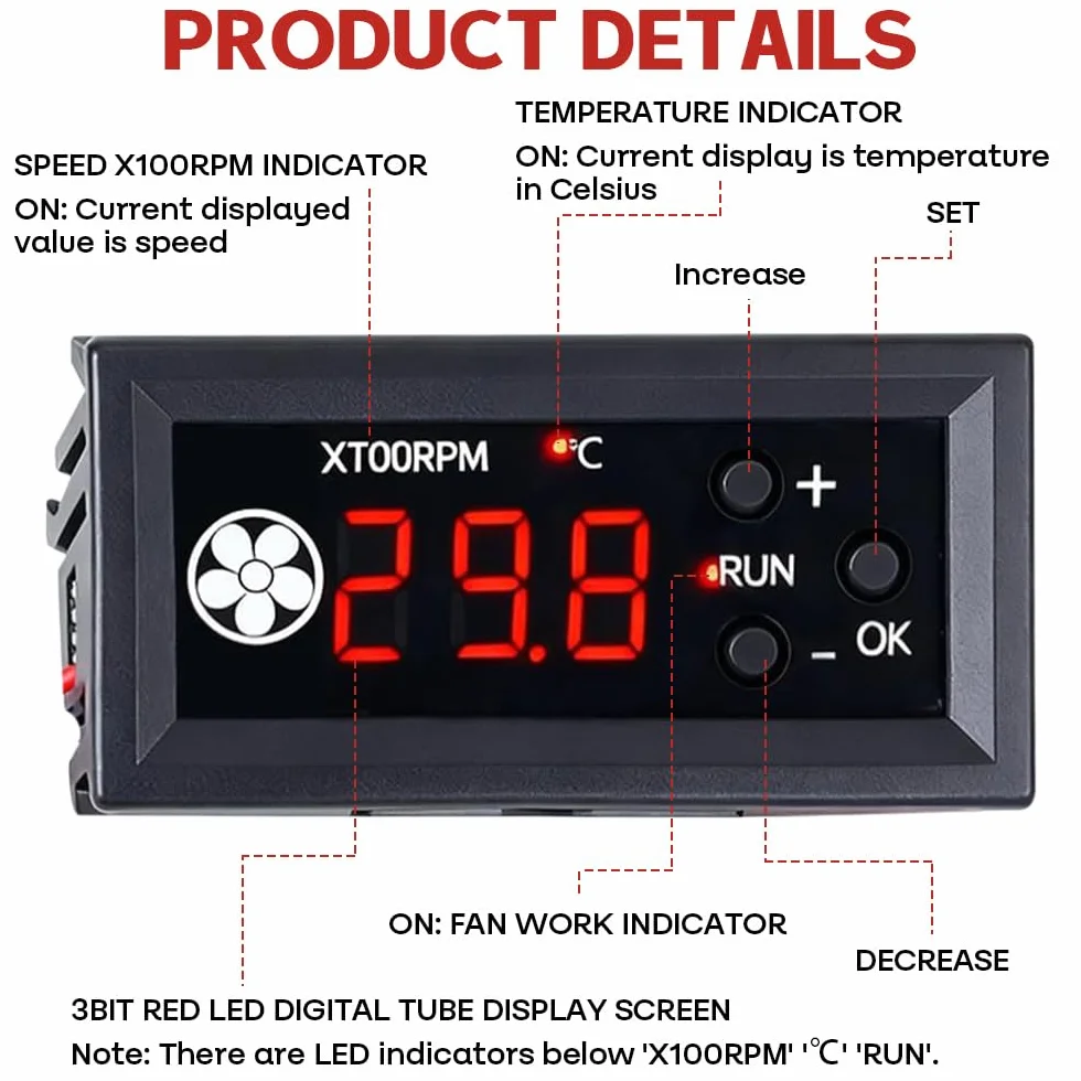 Regolatore di Velocità Ventola 12V DC 4 Fili PWM 3A 25kHz con Display Digitale Temperatura