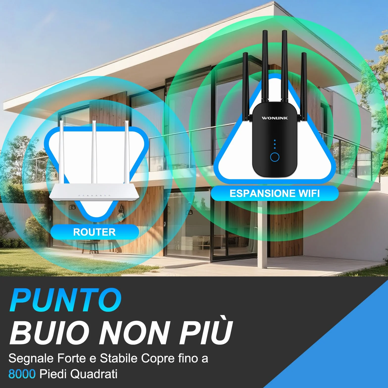 Ripetitore WiFi 1200Mbps Doppia Banda, Amplificatore Segnale WiFi con 4 Antenne, Porta Ethernet, WPS, MU-MIMO, Modalità Ripetitore/Router/AP e Indicatore di Segnale