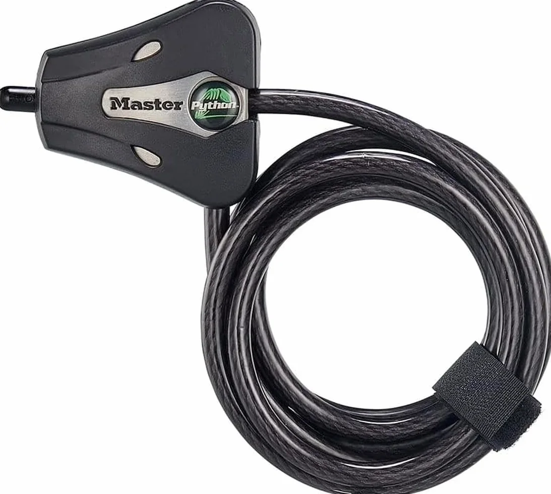 Master Lock, Lucchetto per bici con cavo nero e chiave, cavo regolabile in metallo con rivestimento in vinile, resistente alle intemperie, per attrezzature da esterno, biciclette, telecamere trail,