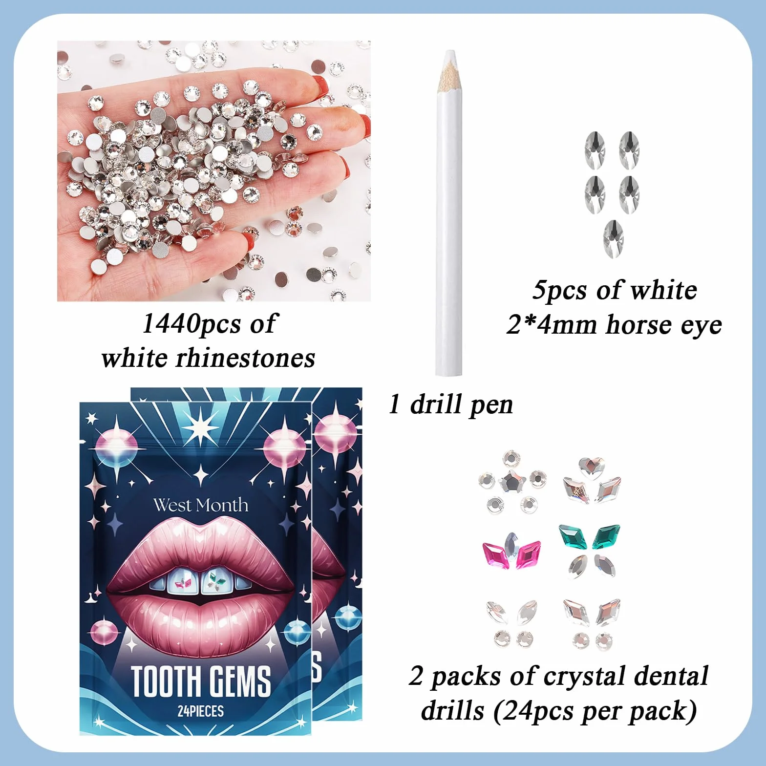 Brillantino Dente Tooth Gems Kit Strass Bianchi Diamanti Occhio Di Cavallo Cristallo