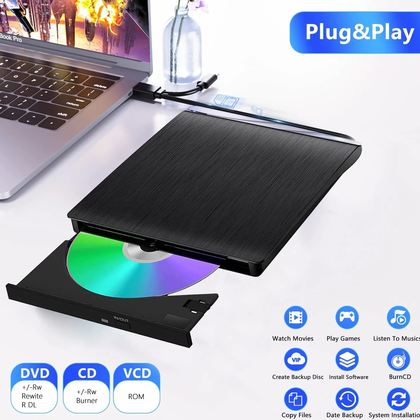 XIAOXIN Masterizzatore DVD Esterno, Lettore CD Esterno per Portatile Unità Esterna USB 3.0 DVD-R CD-RW Drive Dispositivo Ultra Slim Per Laptop Windows 98/ME/ 2000/XP/Vista/7/8/10/11 Mac Linux