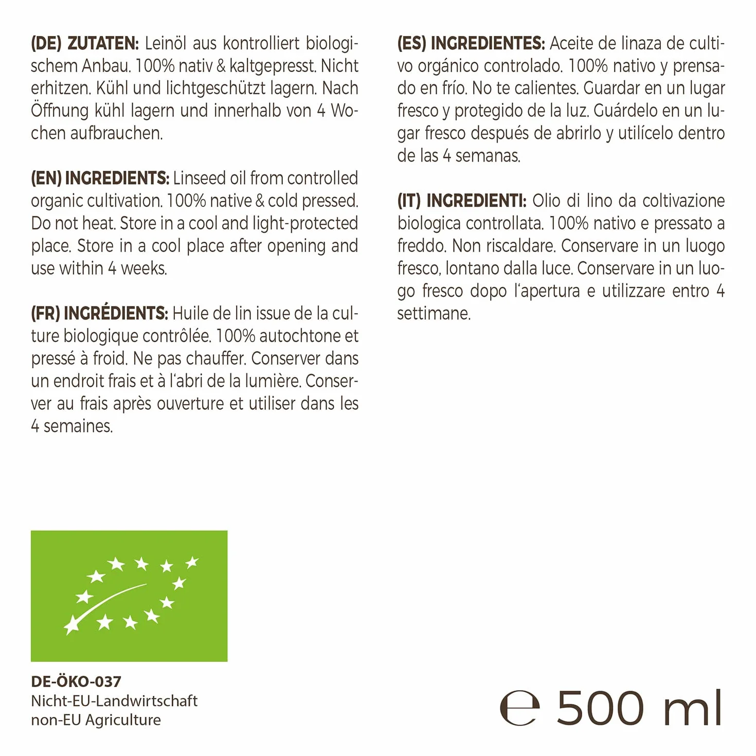 Olio di lino biologico MeaVita 100% puro spremuto a freddo 500ml bottiglia di vetro