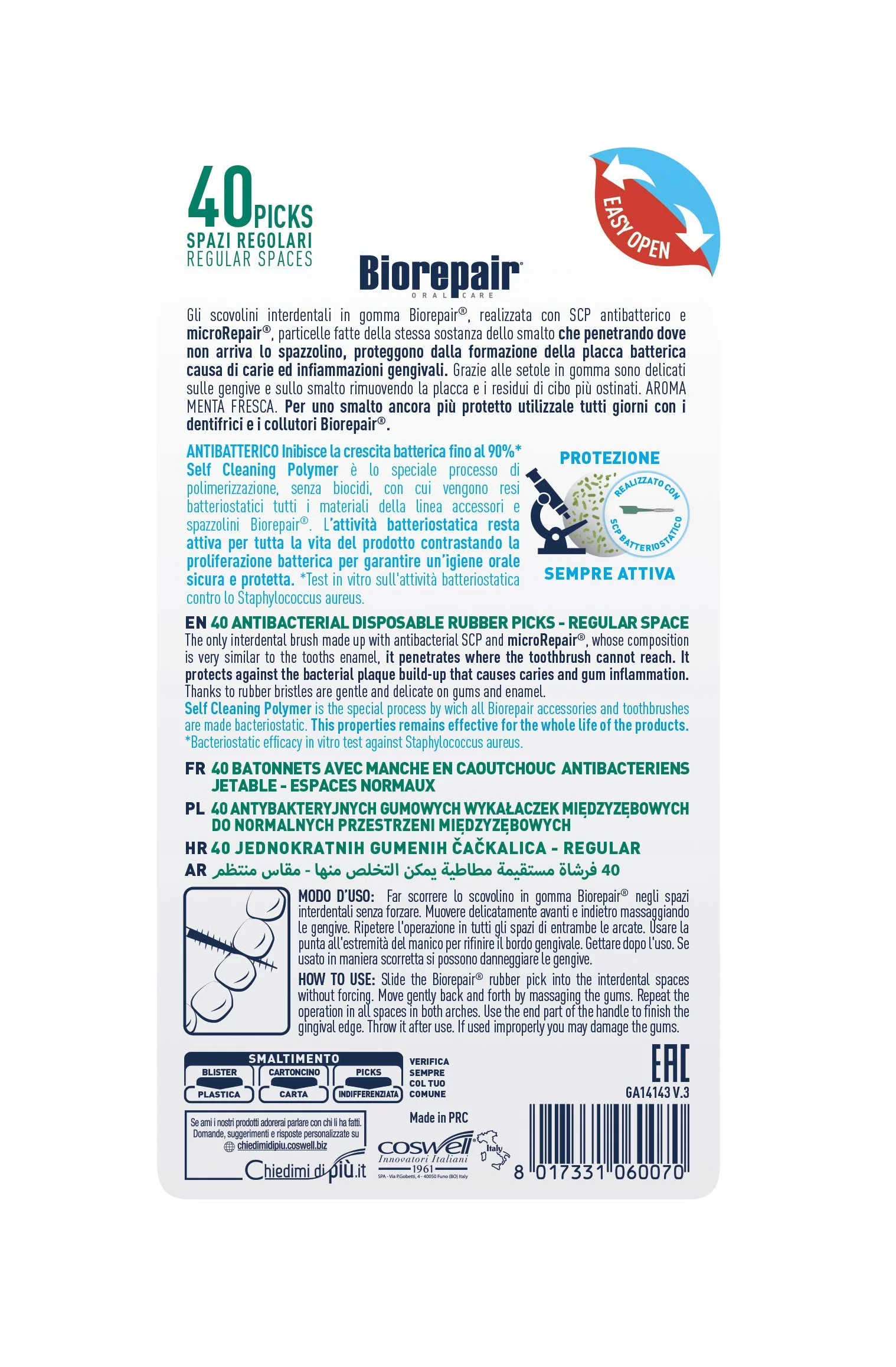 Biorepair 40 Scovolini Monouso Gomma 6x40 Dentali MicroRepair Placca Batterica Menta Fresca