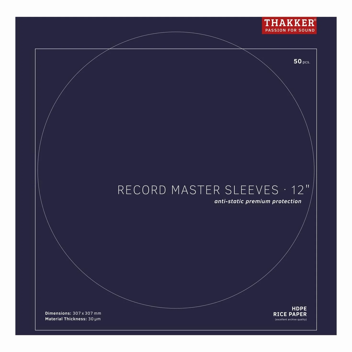 THAKKER Record Master Sleeves - 12' - 50 Manicotti Interni antistatici | Protezione Premium per Dischi da 12' | qualità Eccellente | 30µm HDPE più Fodera in Carta di Riso | 307mm x 307mm