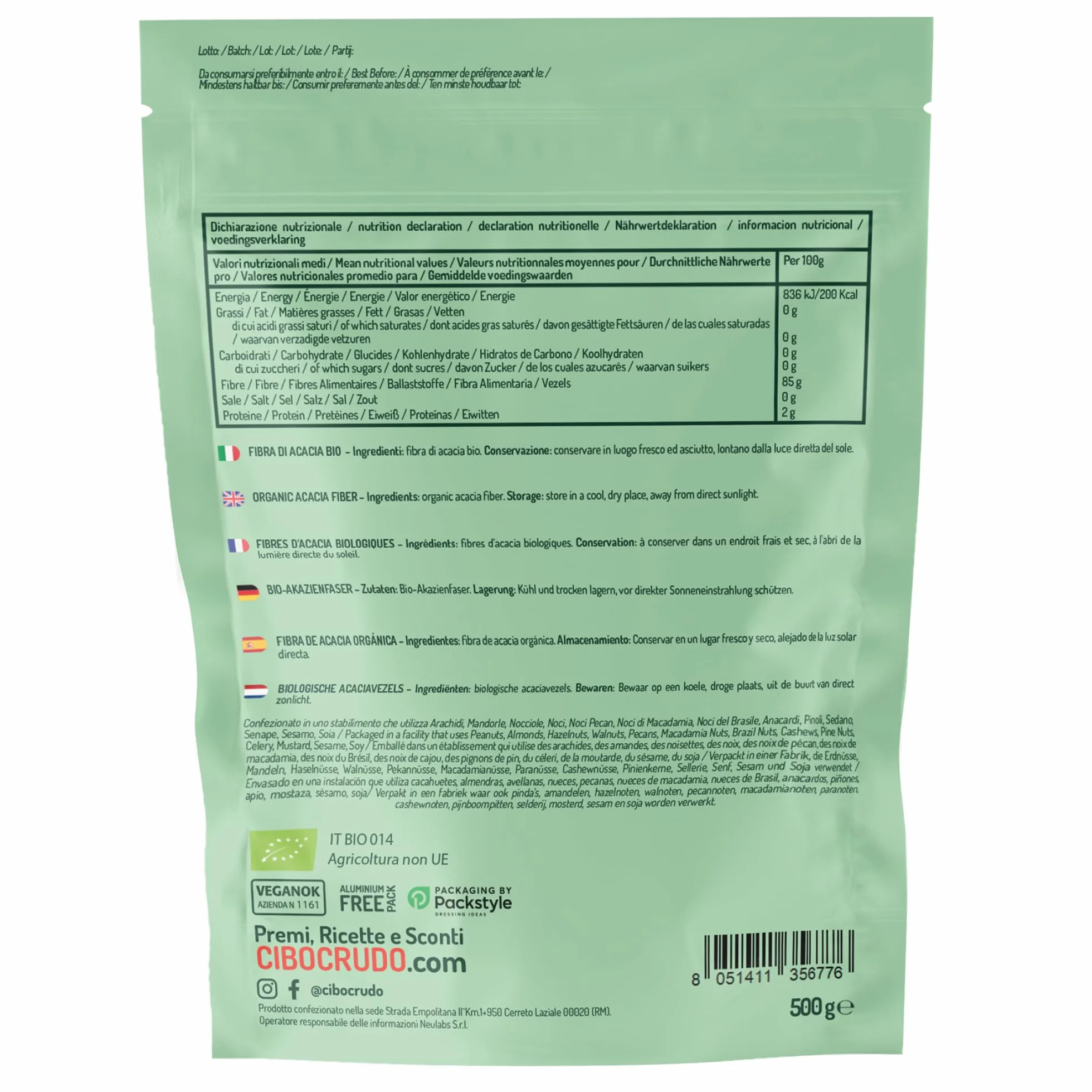 CiboCrudo Fibra di Acacia Bio in Polvere - 500g. Polvere di Acacia o Gomma Arabica con Alto Contenuto di Fibre (85%) Senza Zuccheri. Fibra Alimentare Vegana Ottima per Dieta Chetogenica e Digestione.