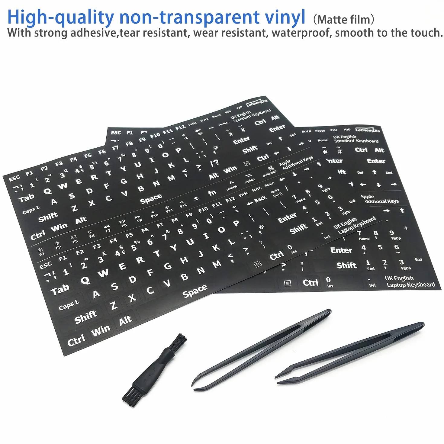 2 adesivi di ricambio universali per tastiera, colore nero, adatti per qualsiasi tastiera standard, con due pinzette e spazzola per la pulizia (nero-UK-opaco)