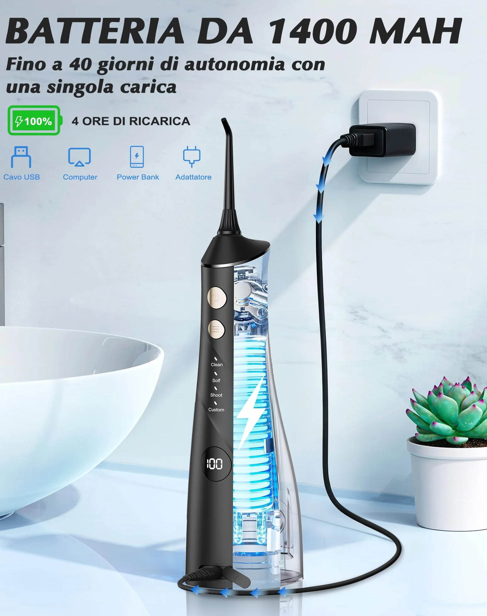 Idropulsore Dentale IPX7 5 Ugelli 4 Modalità Serbatoio Grande
