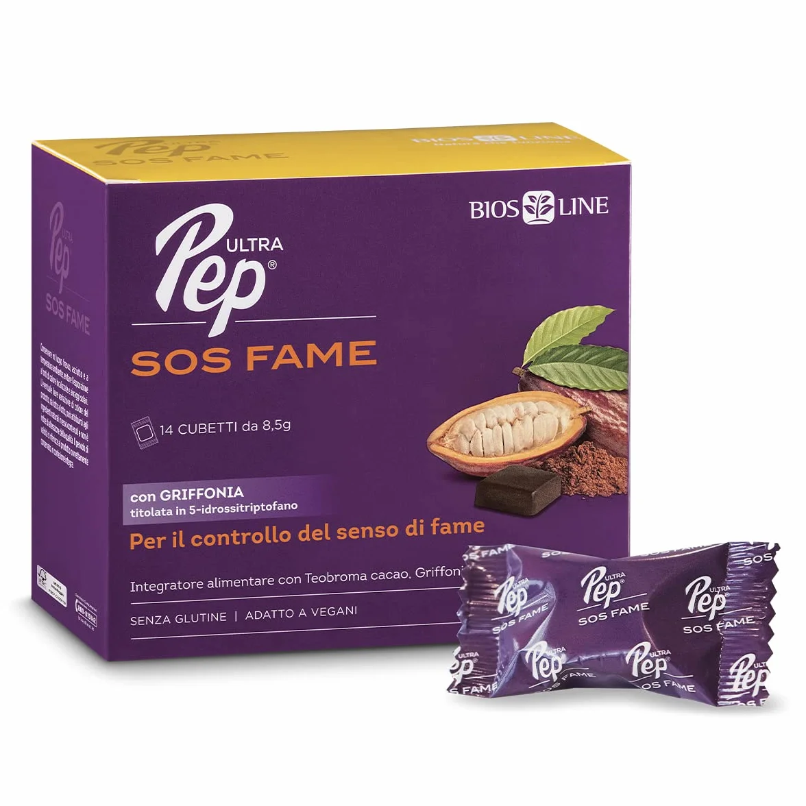 BIOS LINE Ultra Pep SOS FAME Integratore Alimentare Controllo Fame Triptofano Griffonia 14 Cubetti Gusto Cacao