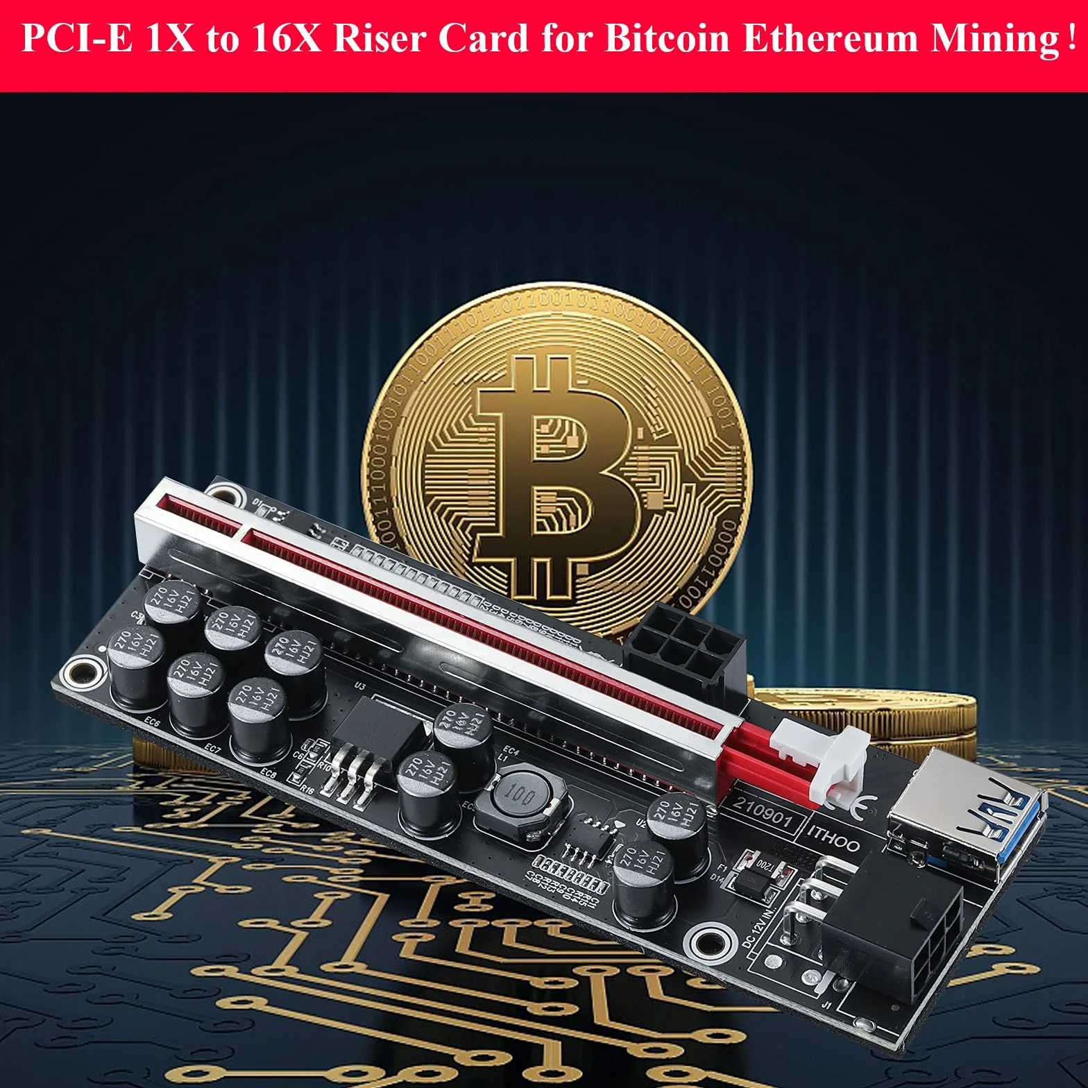 PCIe Riser Adapter Card, PCI-E Riser 1X to 16X Graphics Extension per Ethereum ETH Bitcoin Mining Devices, Digital Cryptocurrency Mining Rig (6 Pezzi)