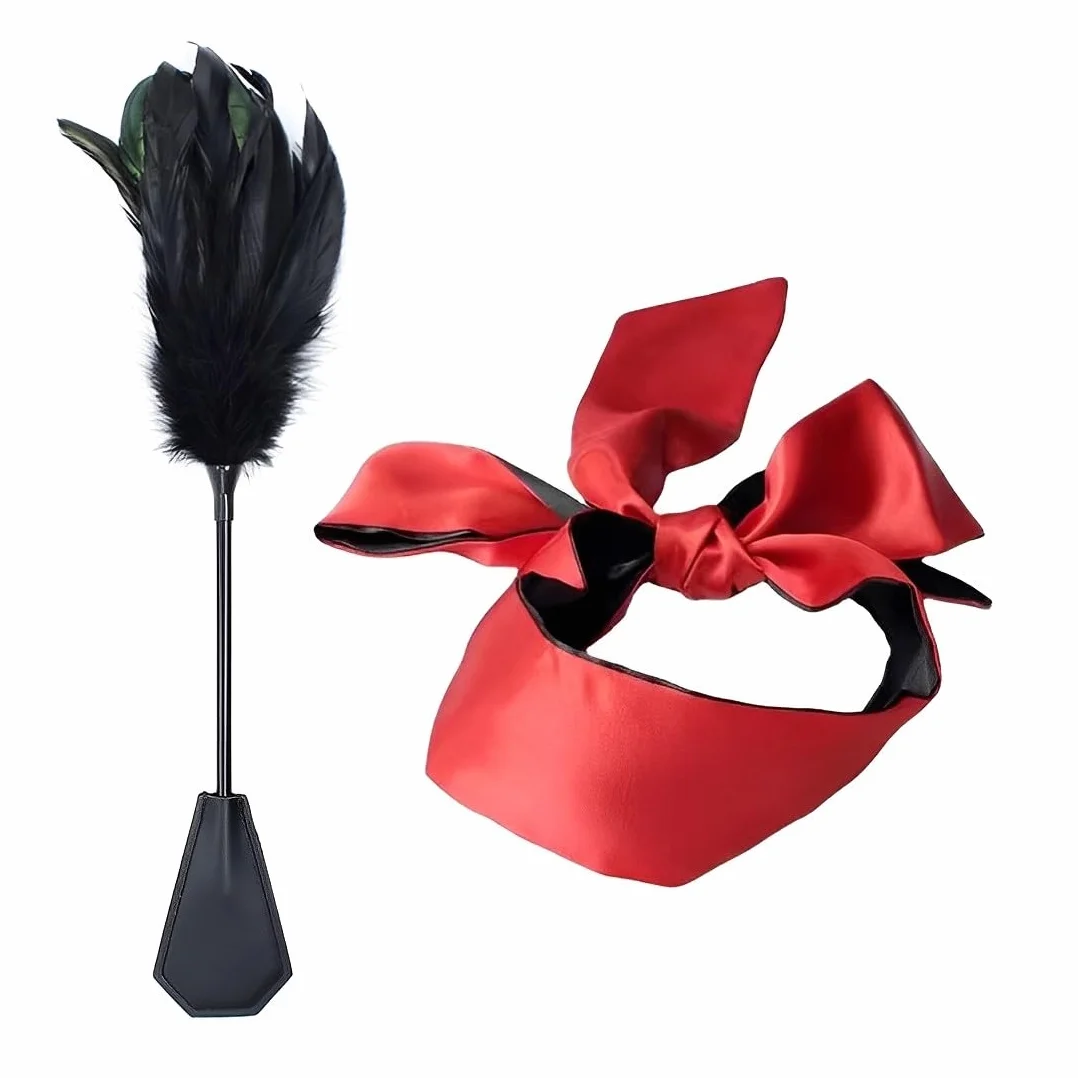 Deluxe Piuma Tickler Cuoio Flogger Frusta Bondage Paddle Set Letto Vincoli Giocattolo Sessuale con Benda Maschera Occhio