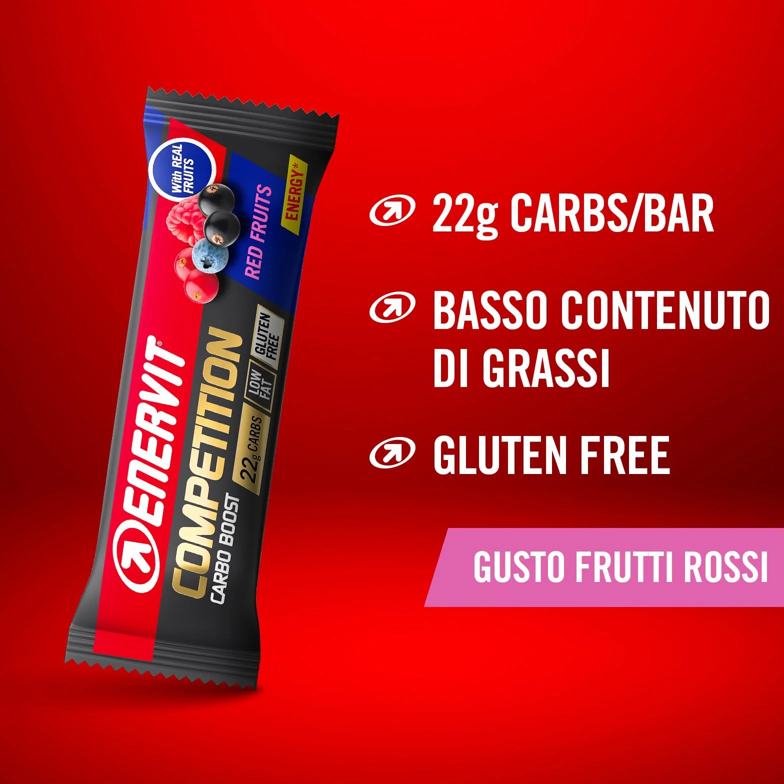 Enervit Competition Bar Red Fruits 22g Carboidrati Gusto Frutti Rossi VeganOK Senza Glutine 12x30g