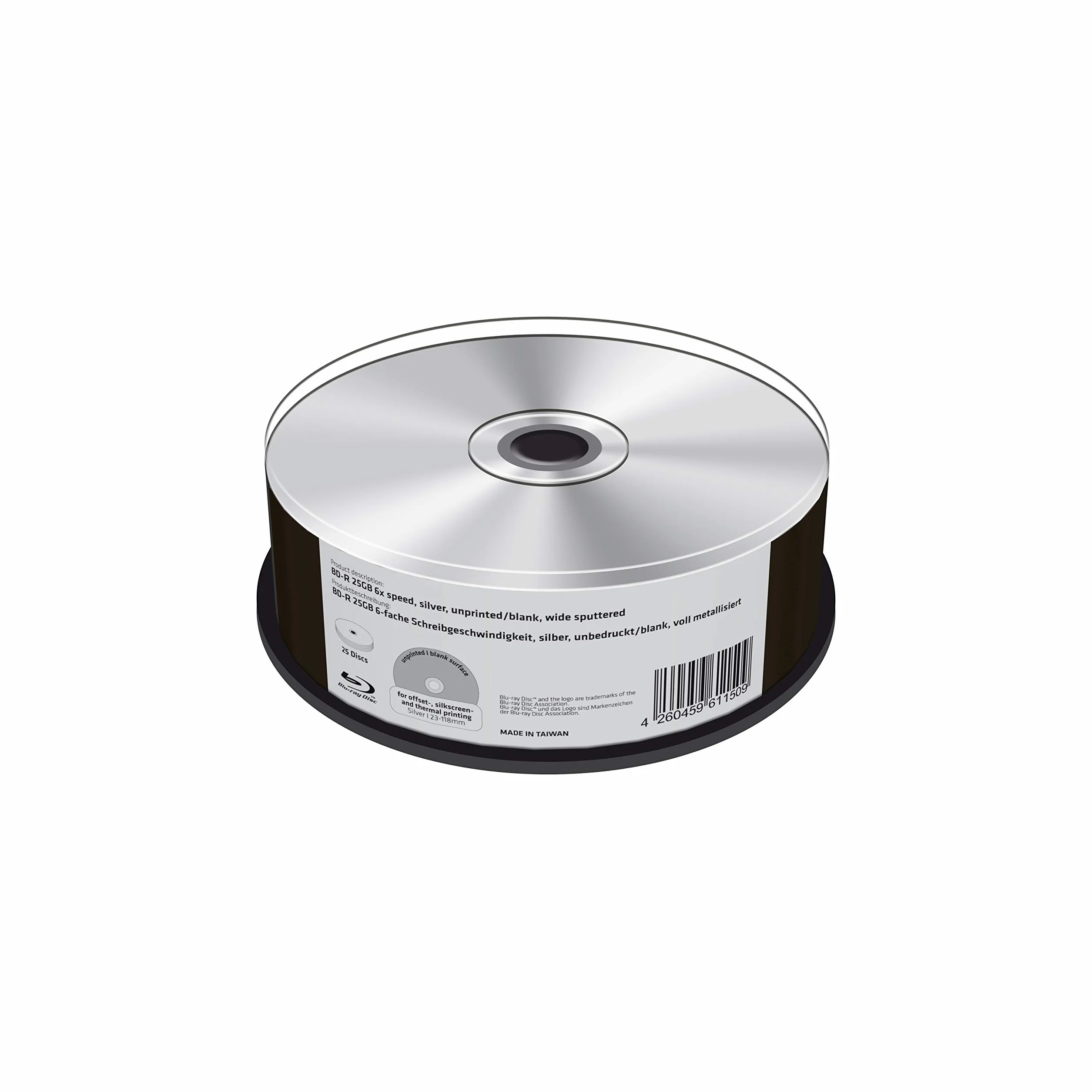 BD-R 25 GB 6X velocità di scrittura, argento/vuoto, completamente metallizzato, 25 pezzi scatola per torte