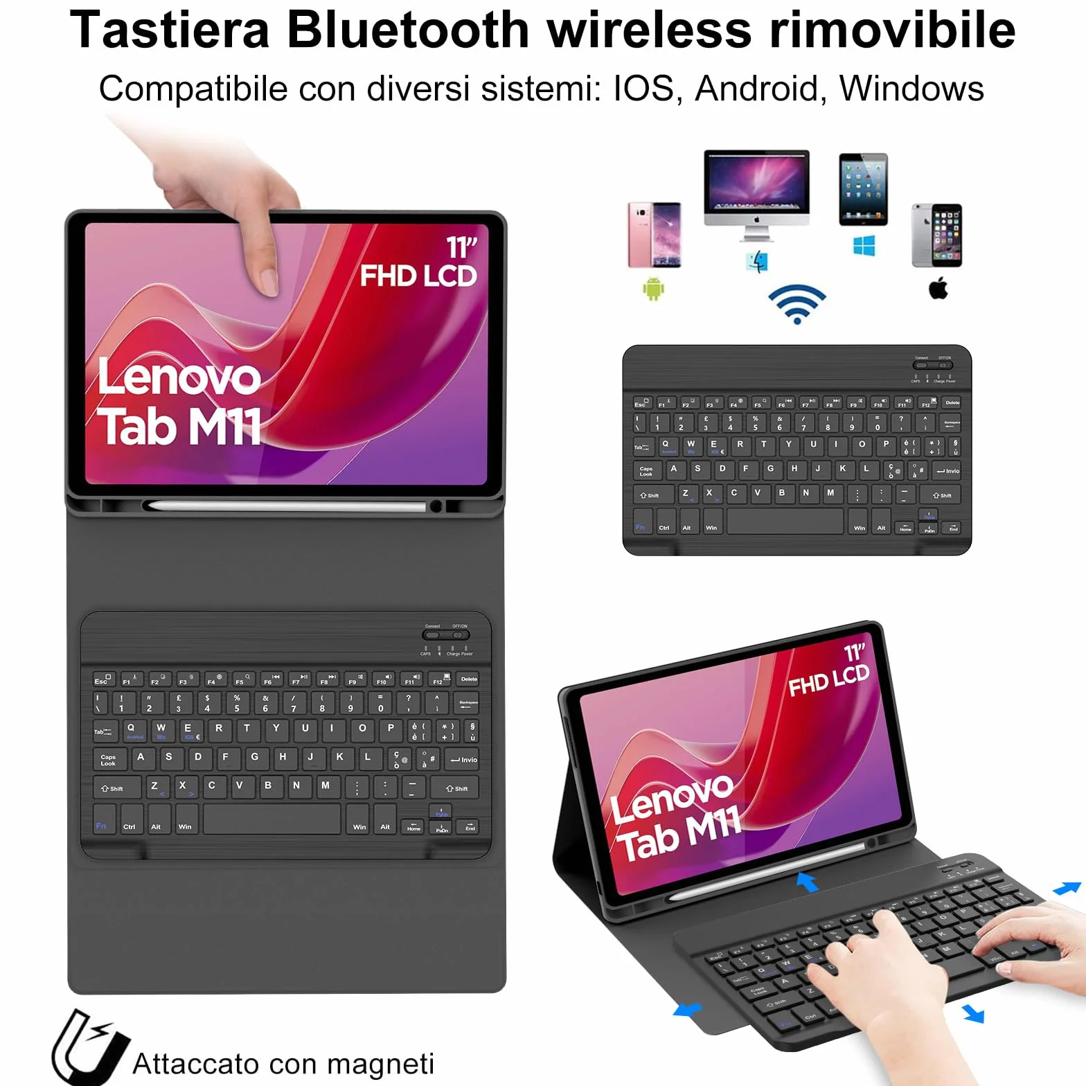 IVEOPPE Tastiera per Lenovo Tab M11 11" 2024, Cover Tastiera Layout Italiano Wireless Bluetooth per Lenovo Tab M11 11" 2024 (TB330FU/TB330XU),Nero