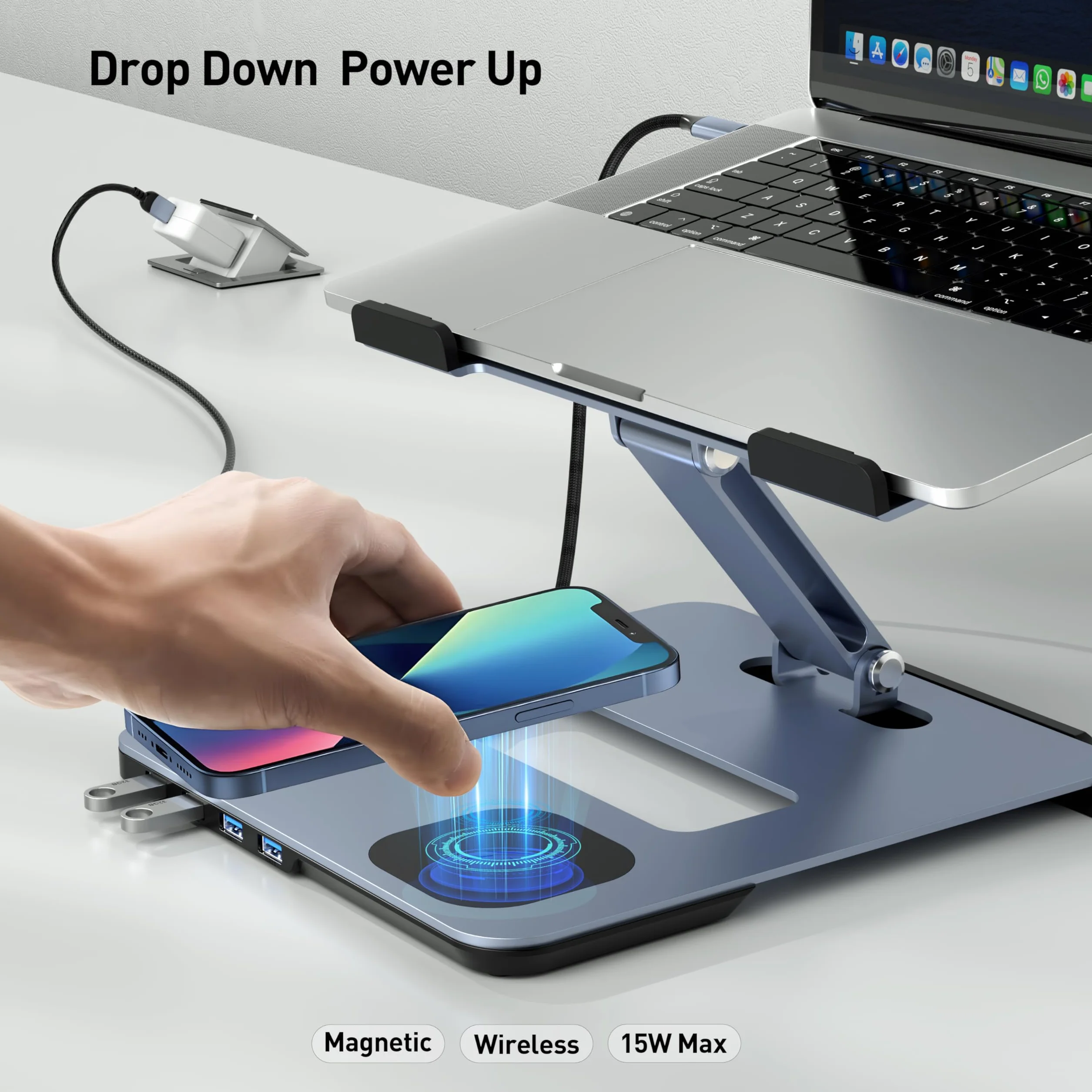 BENFEI Supporto per laptop con docking station USB C 6in1, caricatore wireless magnetico da 15 W, interruttore KVM USB 3.0, HDMI 4K@60Hz, 4*USB3.0, 100 PD W Compatibile con MacBook Pro/Air, iPad Pro