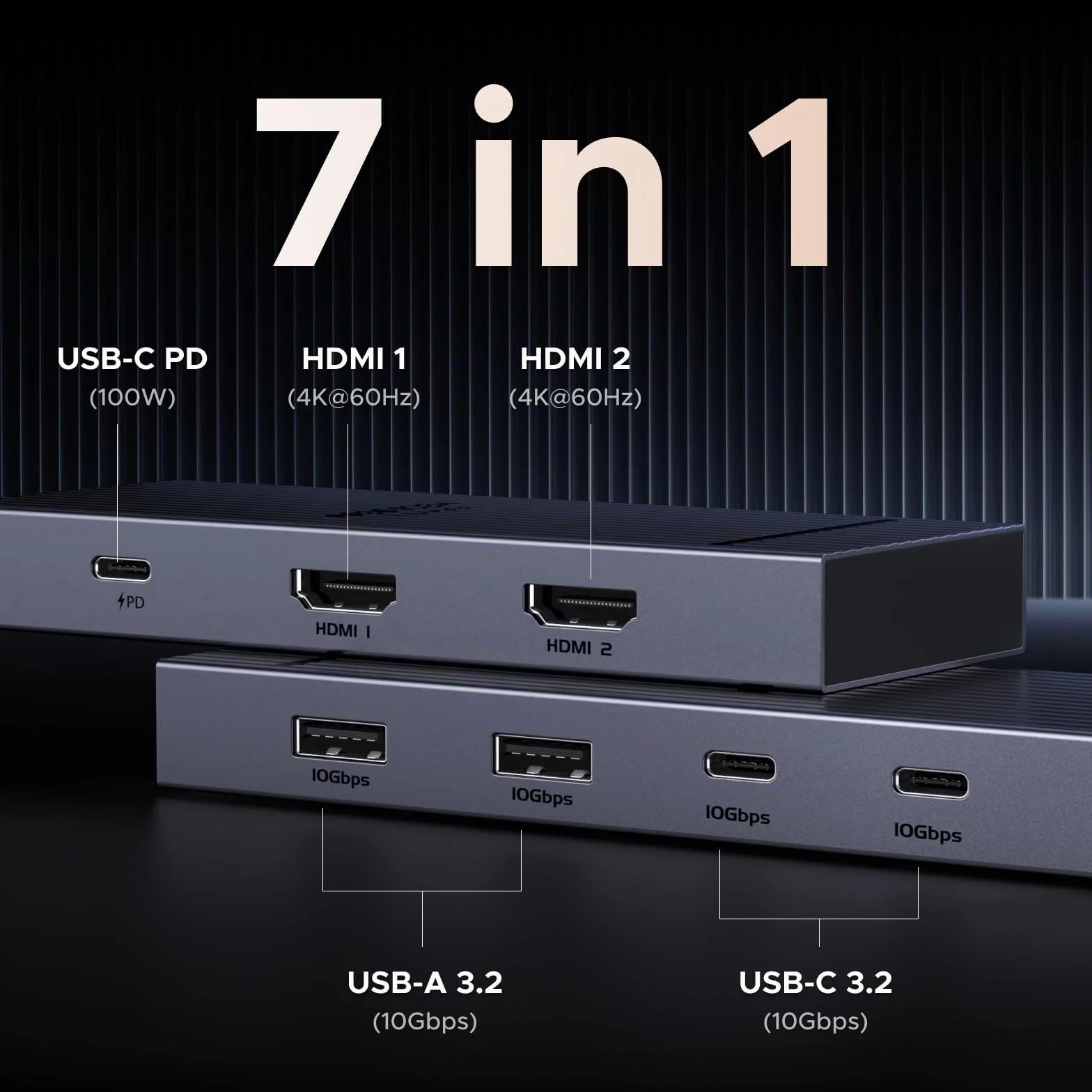 UGREEN Revodok Pro 207 10Gbps Hub USB C Doppio HDMI 4K 60Hz PD 100W Adattatore Type C 3.2 Docking Station 7 In 1 Dock Compatibile con Surface 10 XPS 15 13