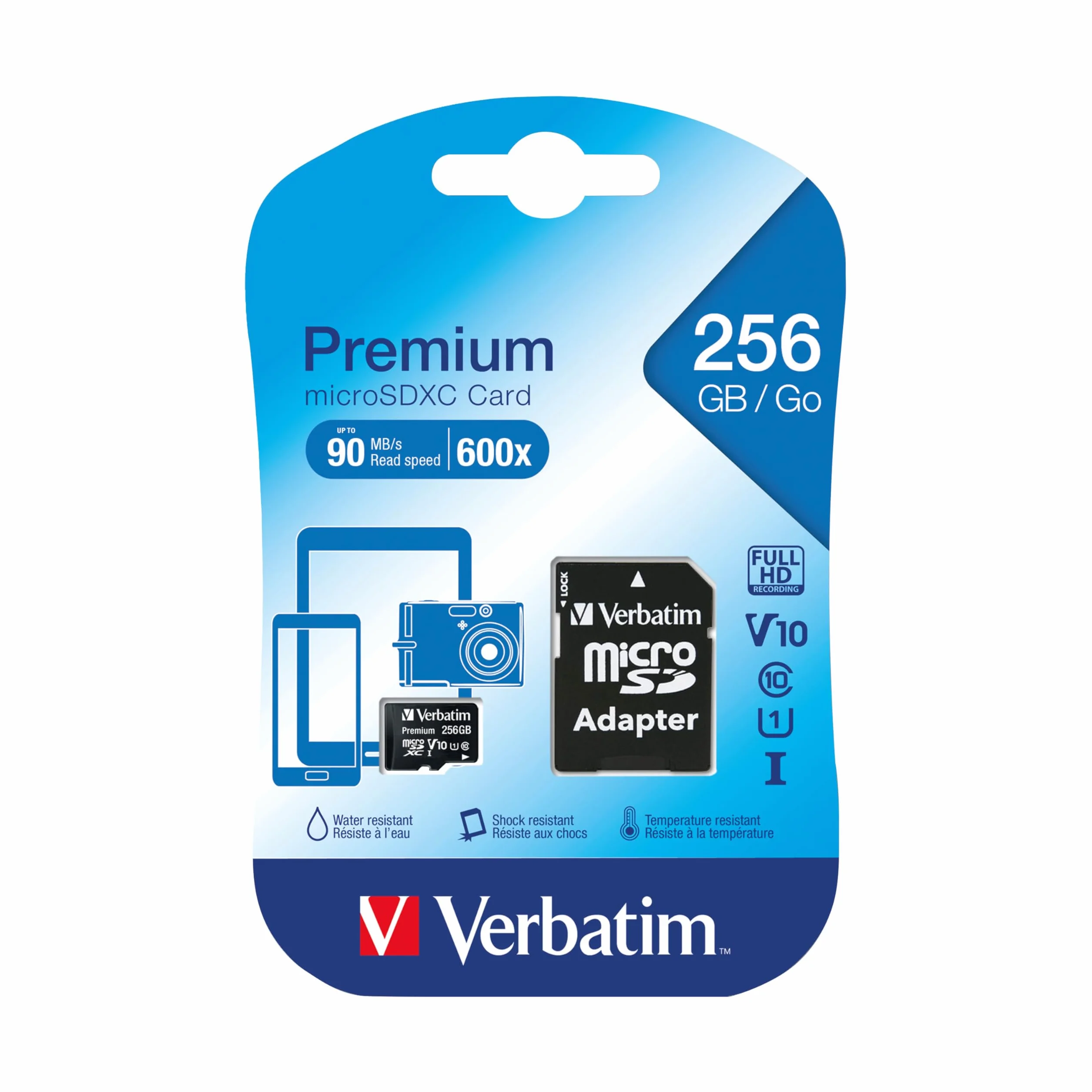 Verbatim Scheda di memoria microSDXC con adattatore - 256 GB - Velocità di lettura fino a 90 MB/s - scrittura minima 10 MB/s - Nero