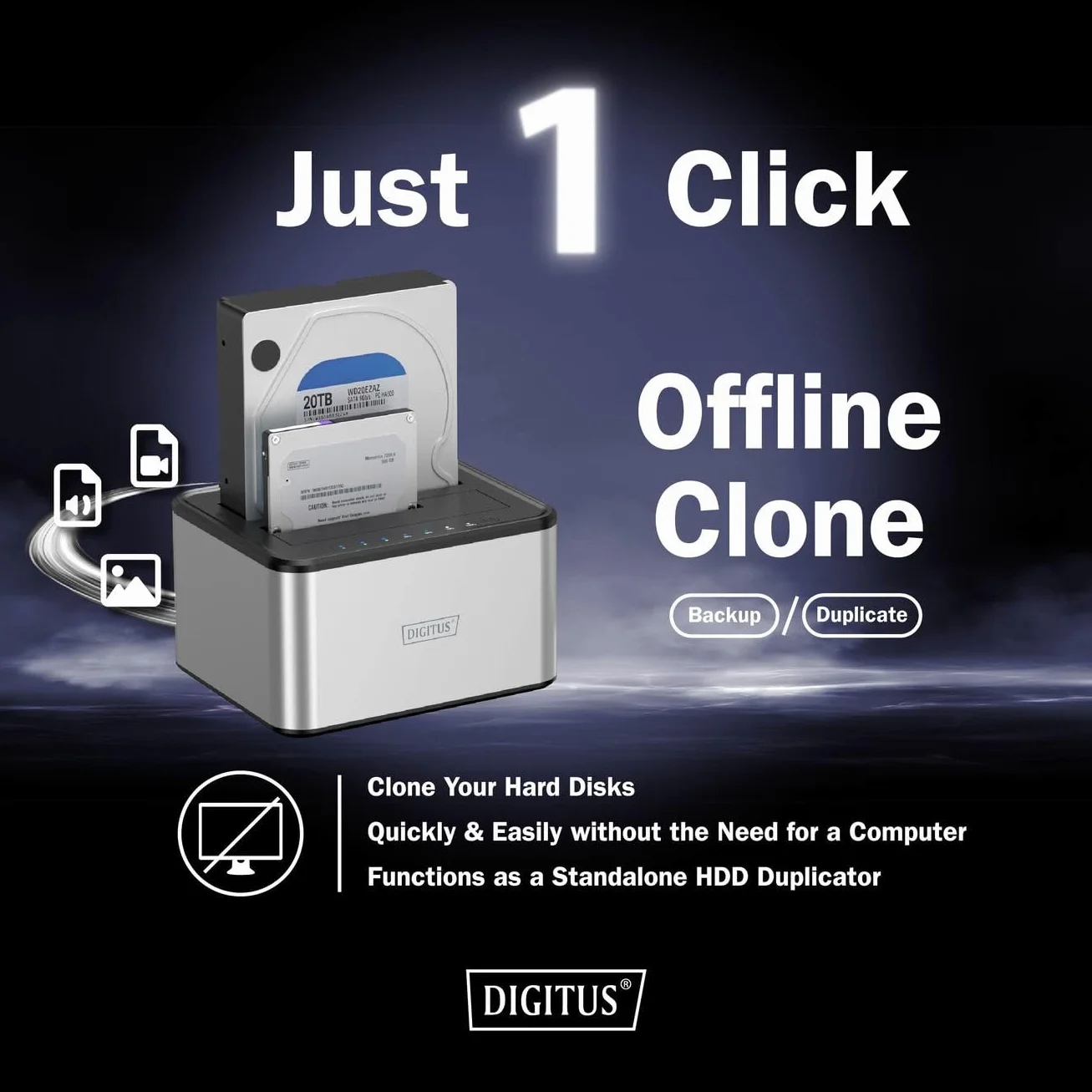 DIGITUS DA-71540-2 Docking Station SATA HDD Duale USB 3.0 per SSD e Hard Disk 2,5"/3,5" SATA 3 Funzione di Clonazione Grigio