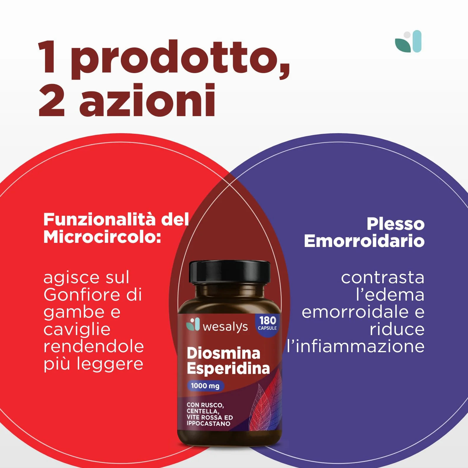 Diosmina Esperidina Alto Dosaggio 1000mg 180 Capsule Vegetali Integratore Vene Varicose Gambe Pesanti WESALYS