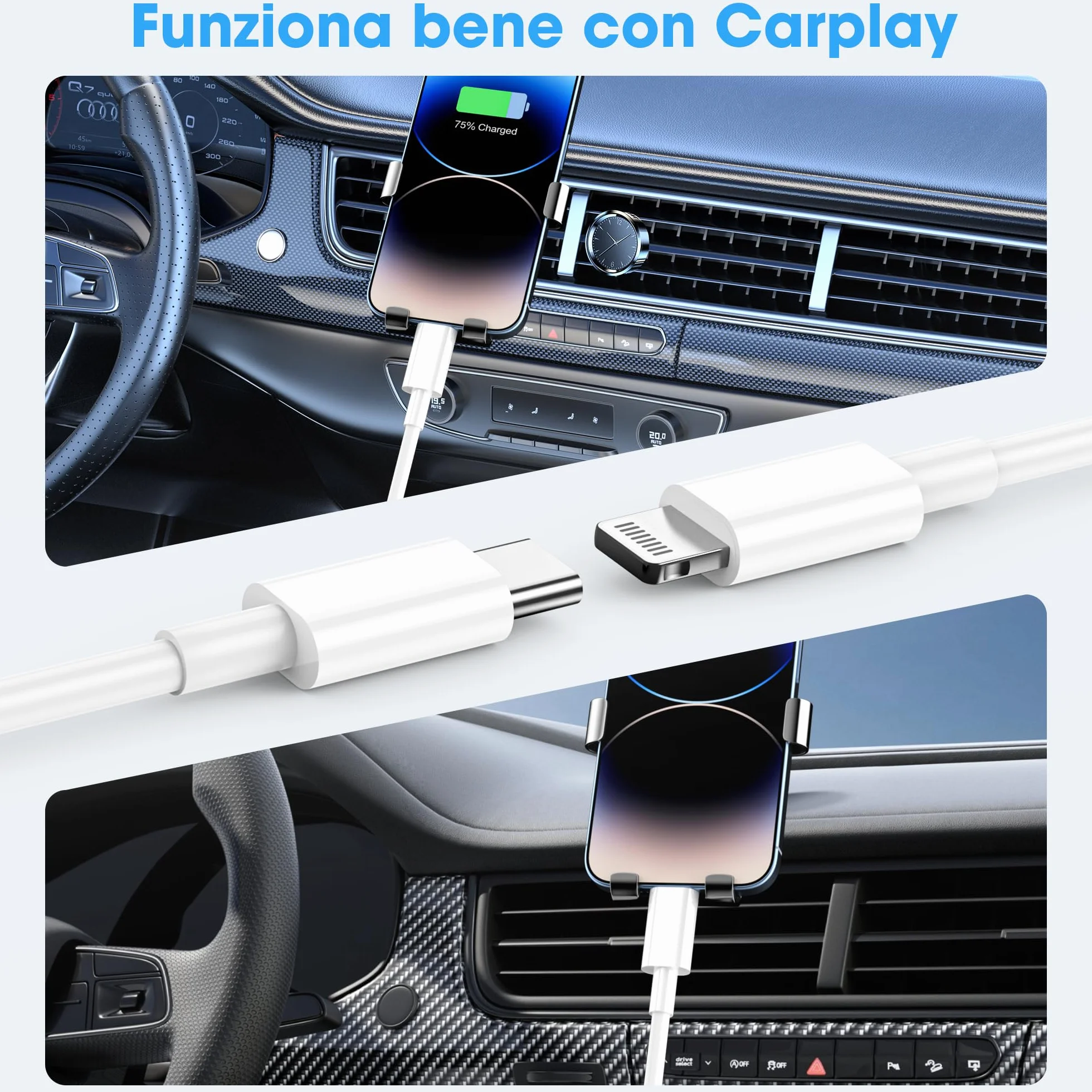 Cavo USB C Lightning Ricarica Rapida 1m+2m per iPhone 14/13/12/11/X/8/7/6 iPad Mini