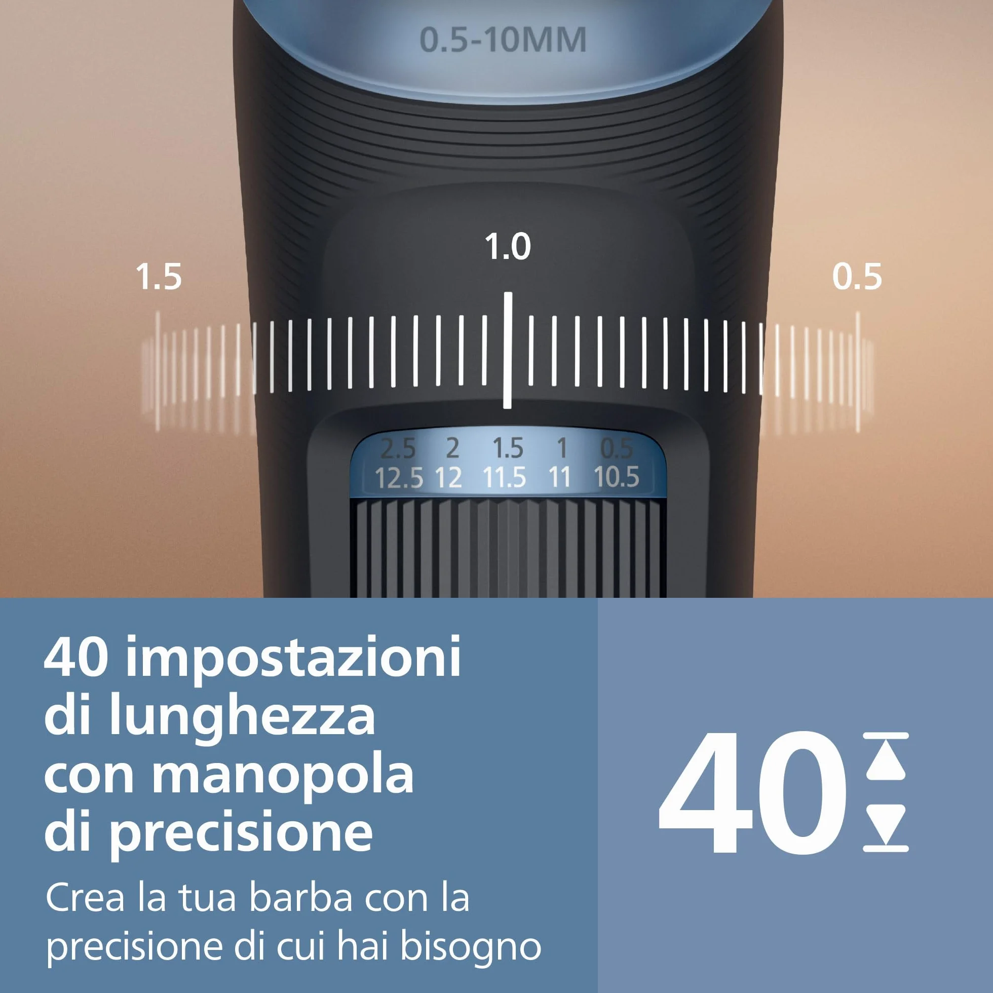 Philips Serie 3000 Regolabarba BT3660/15, Lame Metallo Autoaffilanti, 40 Impostazioni Lunghezza, Pettine Lift&Trim, Impermeabile, Ricarica USB