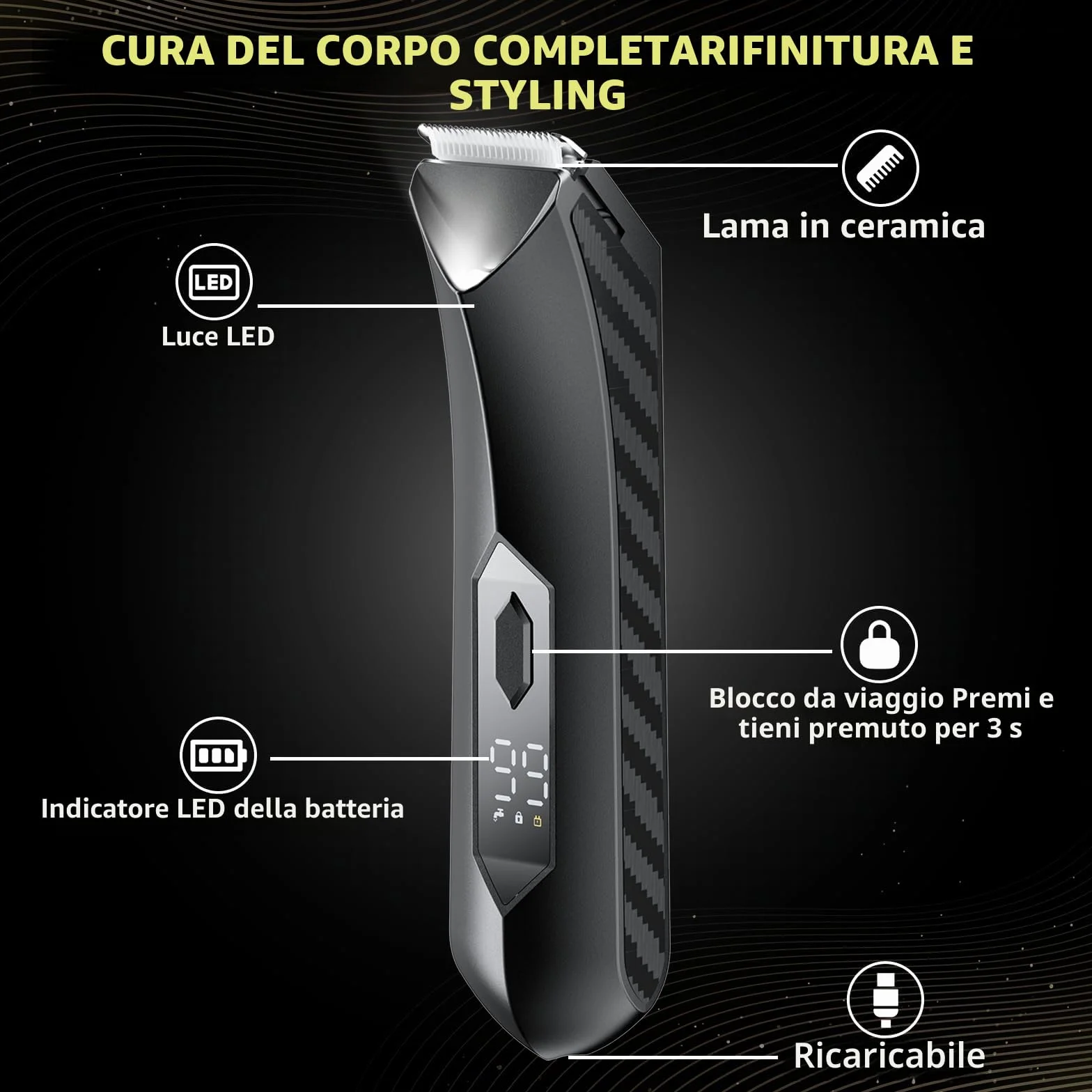 Trimmer per peli del corpo da uomo, rasoi elettrici ricaricabili impermeabile bagnato/asciutto, 4 pettini limitatori, lama ceramica