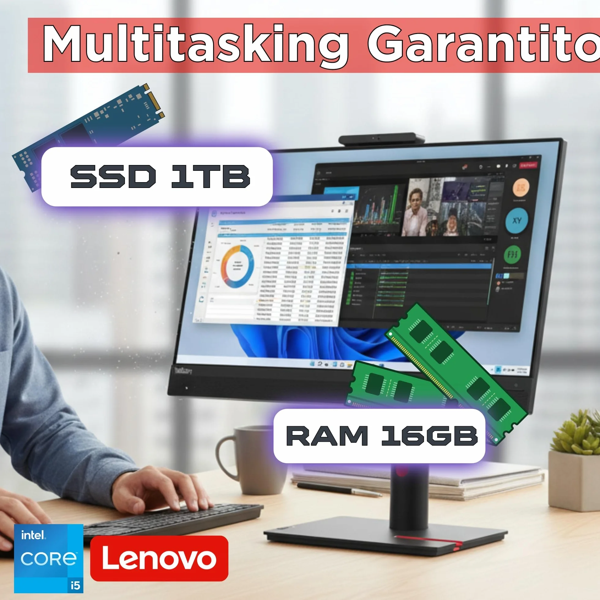 Lenovo All-in-One 24" Touch Screen i5-10500T 3.80GHz 16GB RAM 1000GB SSD Windows 11 Pro Office USB-C Garanzia 36 Mesi