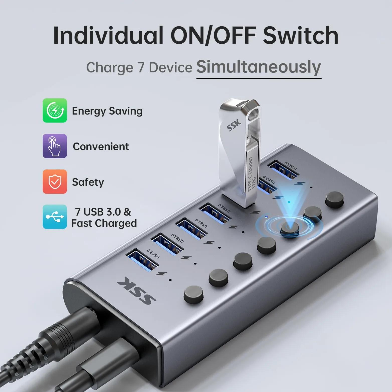 SSK Hub USB 3.0 alimentato a 7 porte, splitter di estensione USB in alluminio con interruttori e LED individuali, hub di ricarica USB a 5 Gbps di dati con adattatore DC12V3A e cavo da 3,93 piedi