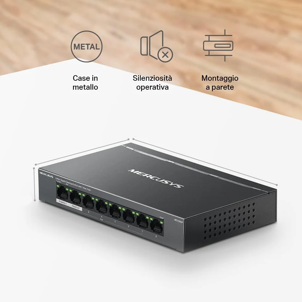 TP-Link Mercusys MS108GP PoE+ Switch 8 Porte Gigabit con 7 PoE+, 30W per Porta PoE, 65W su Tutte le Porte, 802.3af/at, Cassa in Metallo, Durevole e Silenzioso, Sdoppiatore Ethernet, Plug&Play