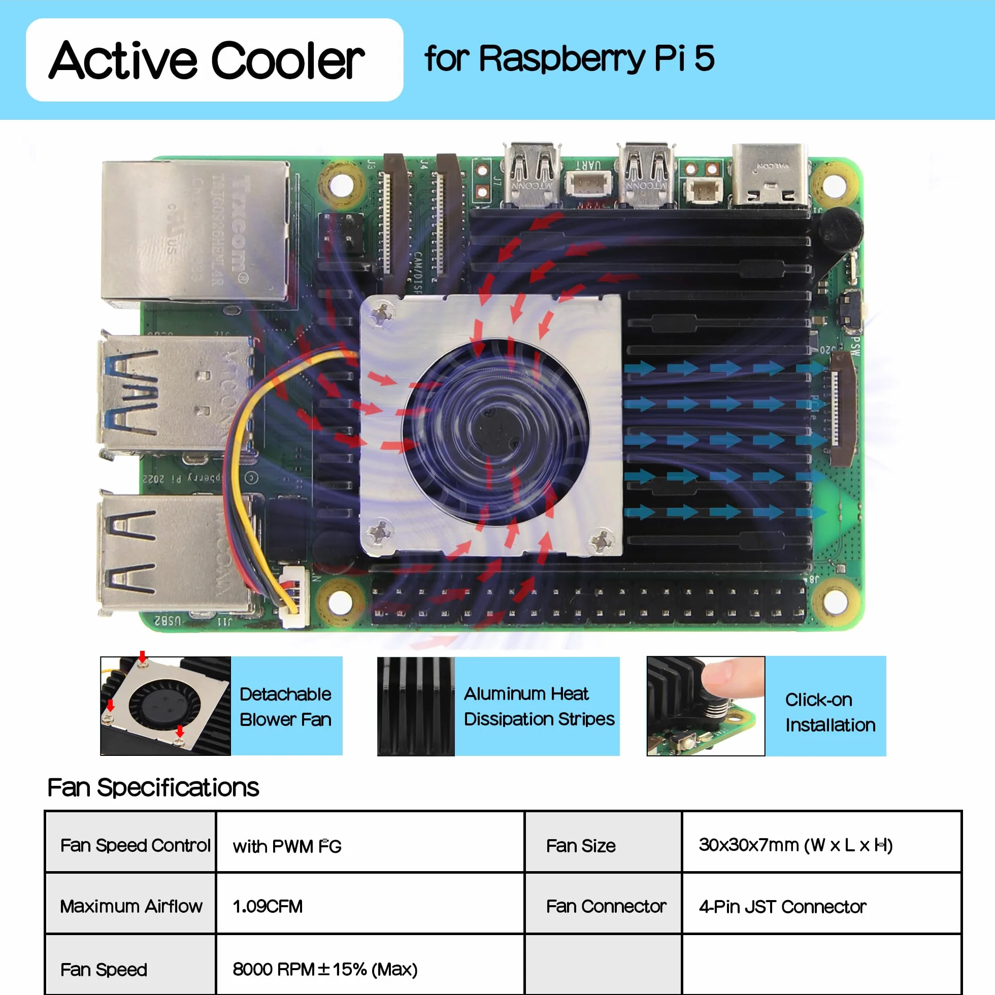 Geekworm H505 Active Cooler Fan for Raspberry Pi 5, Aluminum Heatsink with Blower PWM Fan