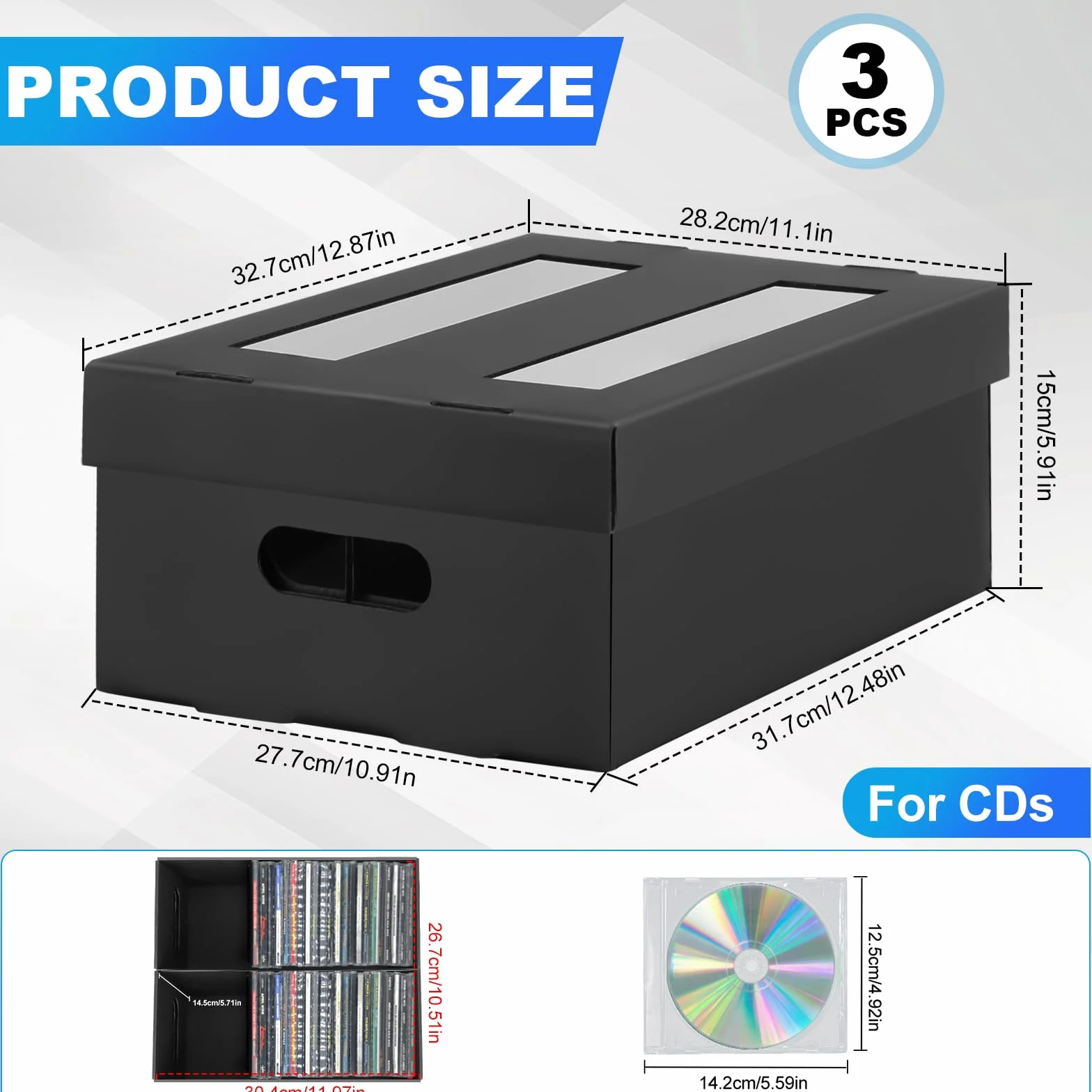 AOBOPLE Set di 3 scatole di immagazzinaggio CD a 2 scomparti con lucernario trasparente, archiviazione DVD può contenere 990 CD tascabili/360 custodie sottili/180 custodie Jewel