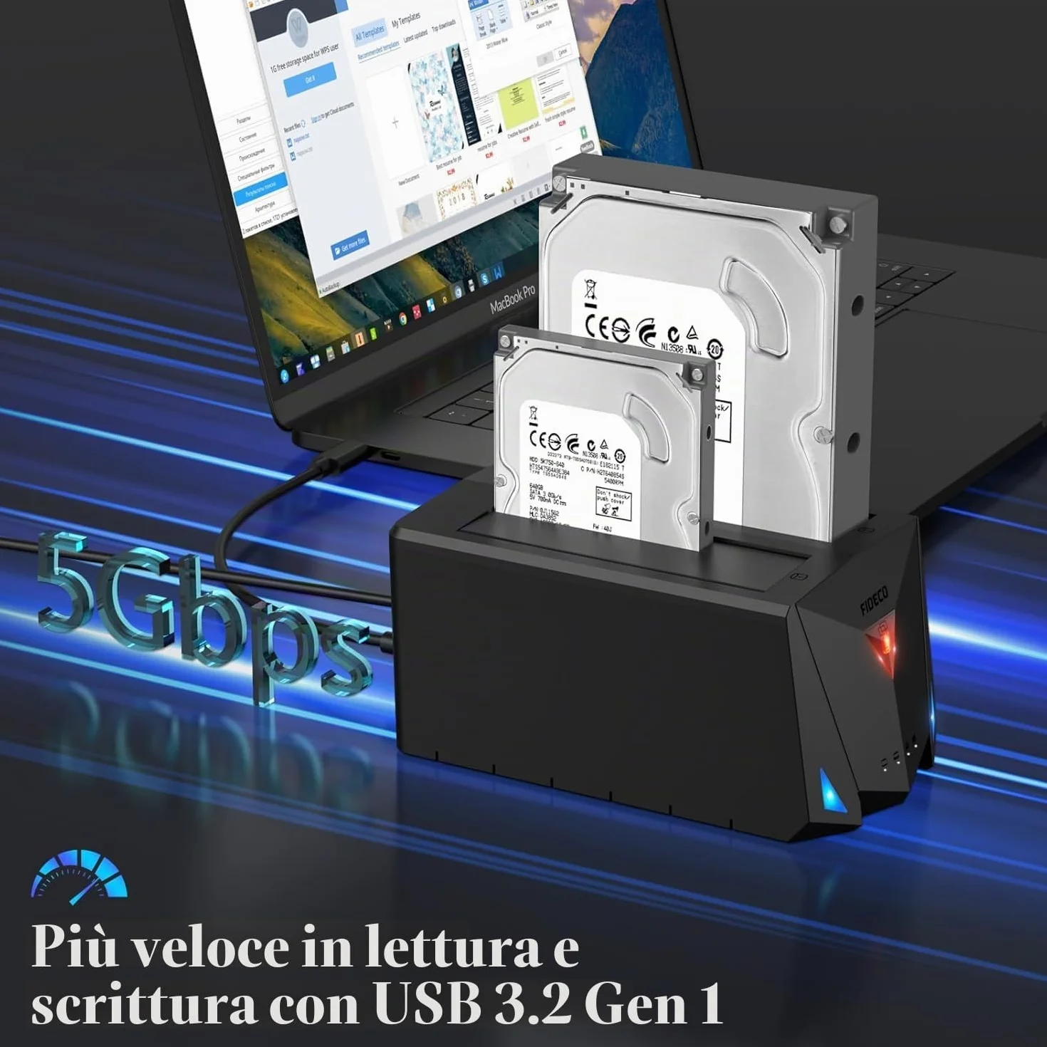 FIDECO Docking Station per Disco Rigido USB 3.2 Gen 1 SATA HDD SSD 2,5" 3,5" Cavo USB A C Clonazione Offline