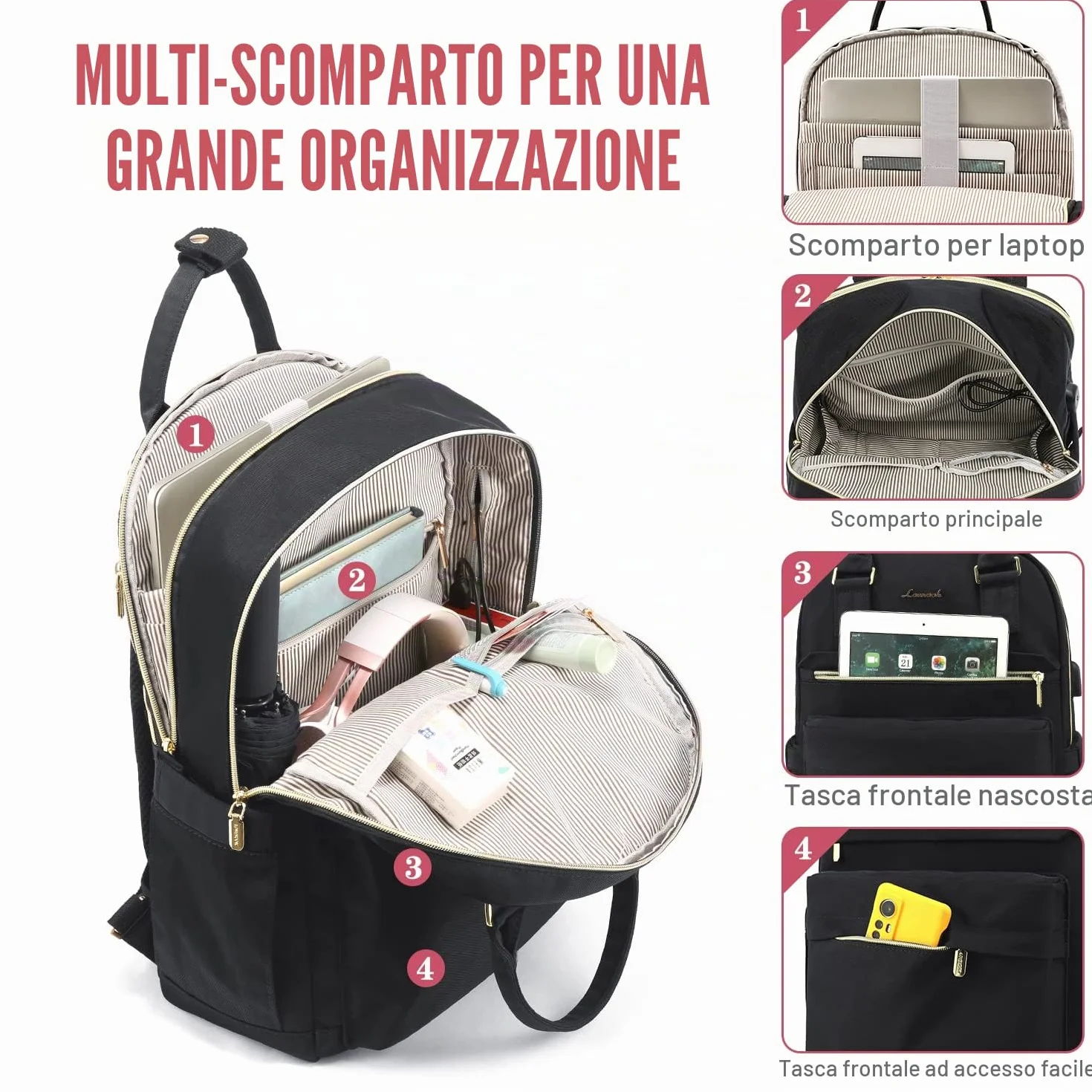 LOVEVOOK Zaino Porta PC Donna, 15,6 Pollici Impermeabile Computer Backpack Antifurto con Porta USB e Scomparto per Laptop per Scuola Università Viaggi Lavoro Aereo Ufficio, Nero