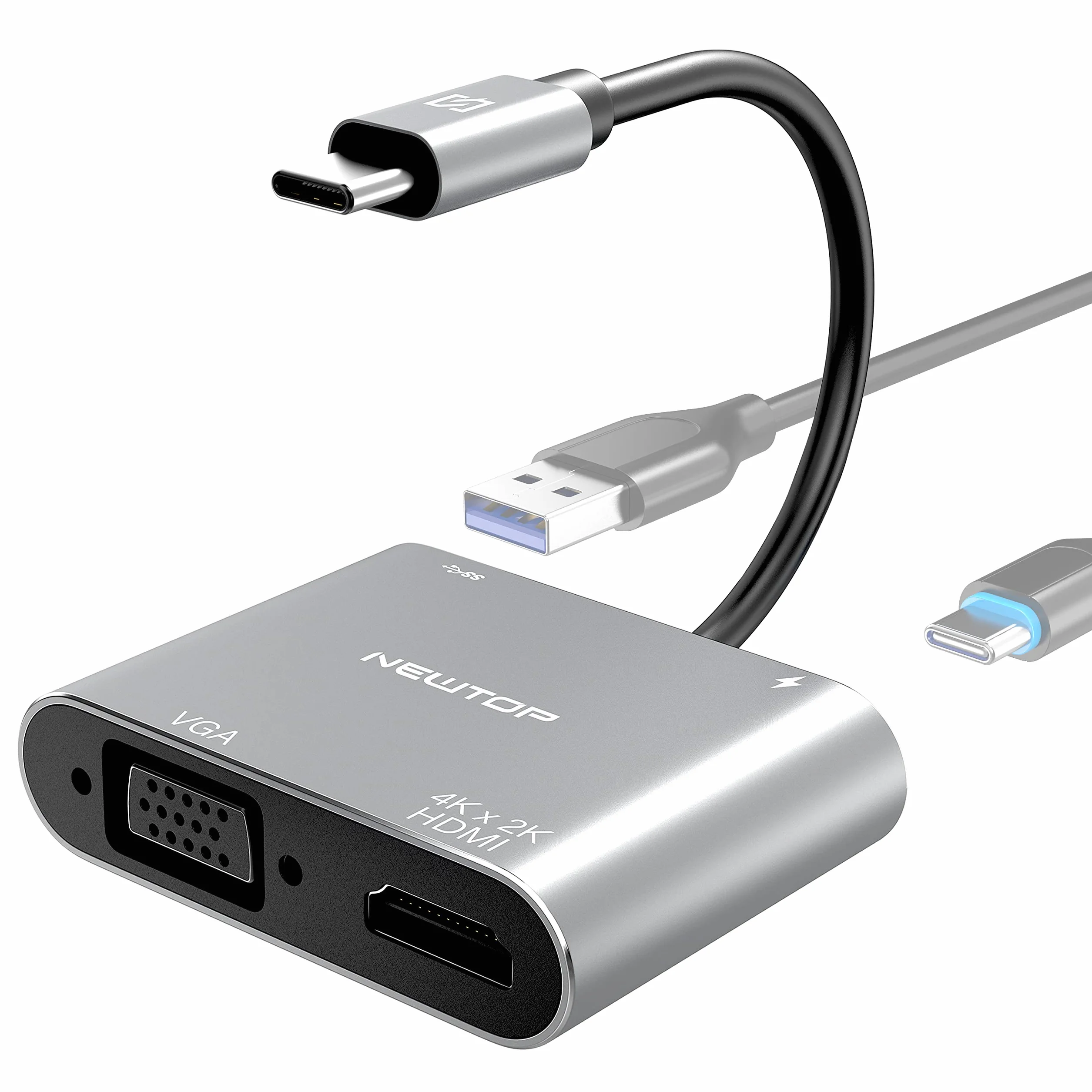 N NEWTOP Adattatore 4in1 HUB AD29 da Type-C Maschio a Femmina USB C HDMI 4K HD 2K VGA USB 3.0 Cavo Carica PD OTG Convertitore Video Audio Dati per Notebook Smartphone Console Laptop