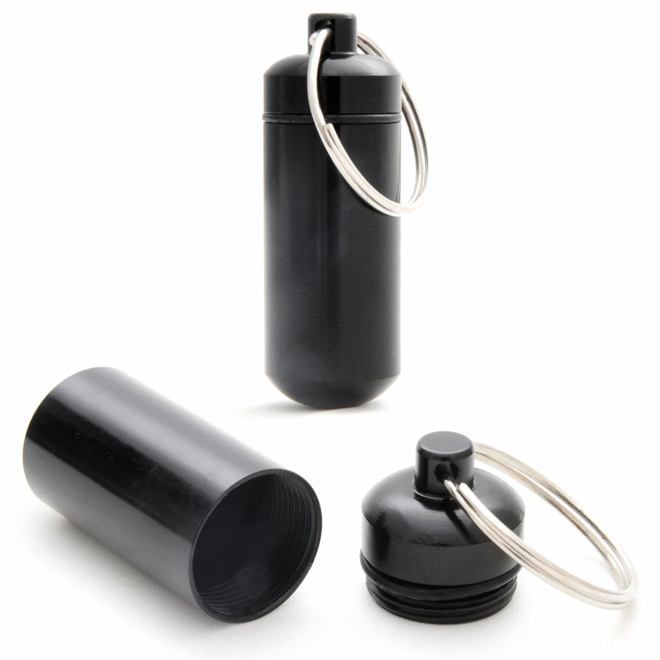 Ganzoo set 2 mini capsule impermeabili in alluminio nero per parti piccole, porta pillole con portachiavi, chiusura a vite, altezza 45 mm