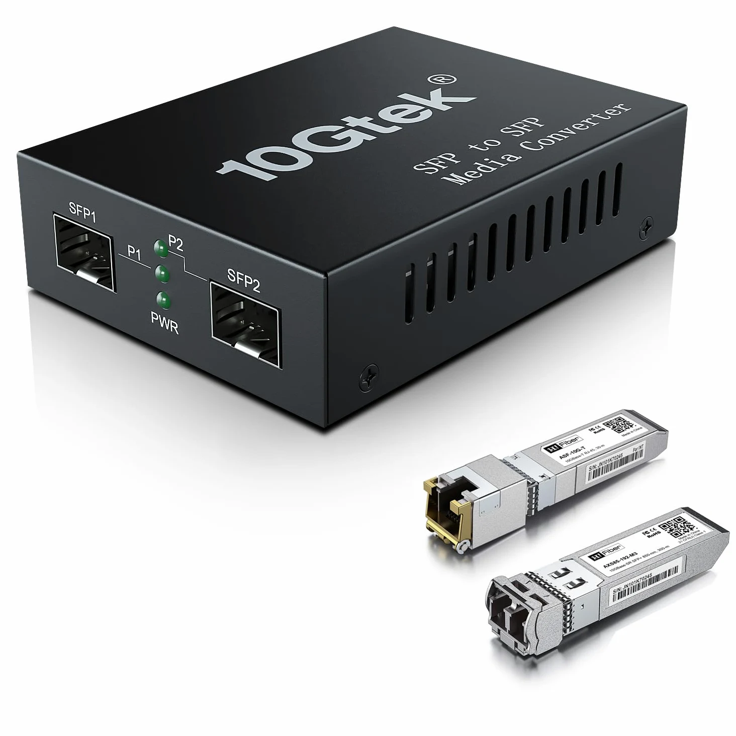 Convertitore multimediale 10G SFP+, doppia porta SFP+, convertitore da fibra a Ethernet con modulo 10GBase-T e 10 Gigabit SFP+ SR, supporto CAT6.a/7 e cavo in fibra multimodale LC, MMF, 850nm, fino a