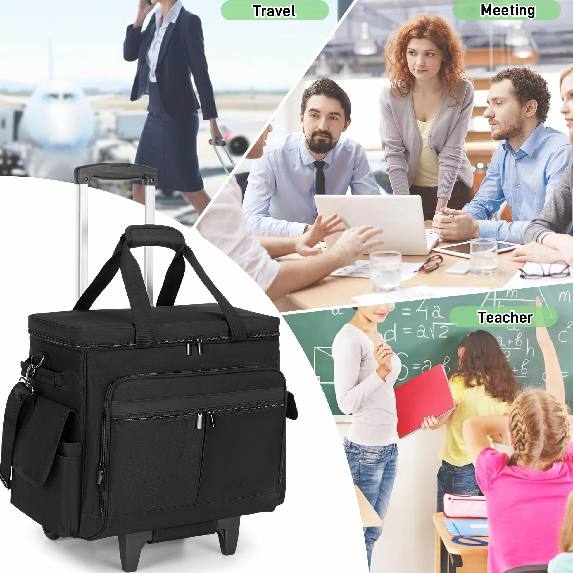Borsa per Insegnanti con Rotelle Trunab, Trolley Staccabile, Tasca Portadocumenti Espandibile, per Laptop 15,6 Pollici, Nero
