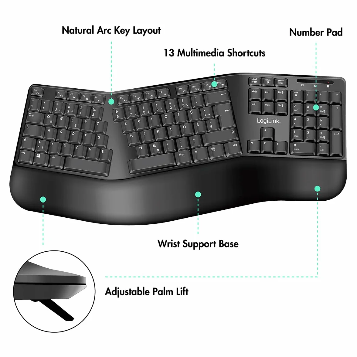 LogiLink Set di mouse ergonomico con tastiera divisa (con 13 tasti multimediali)