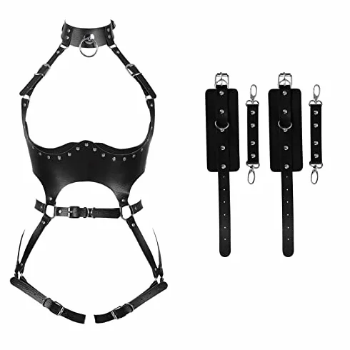 Nero Full Body Harness Pelle Donne Vita Reggicalze Punk Goth Rave Halloween Cinghia Toracica Corsetto