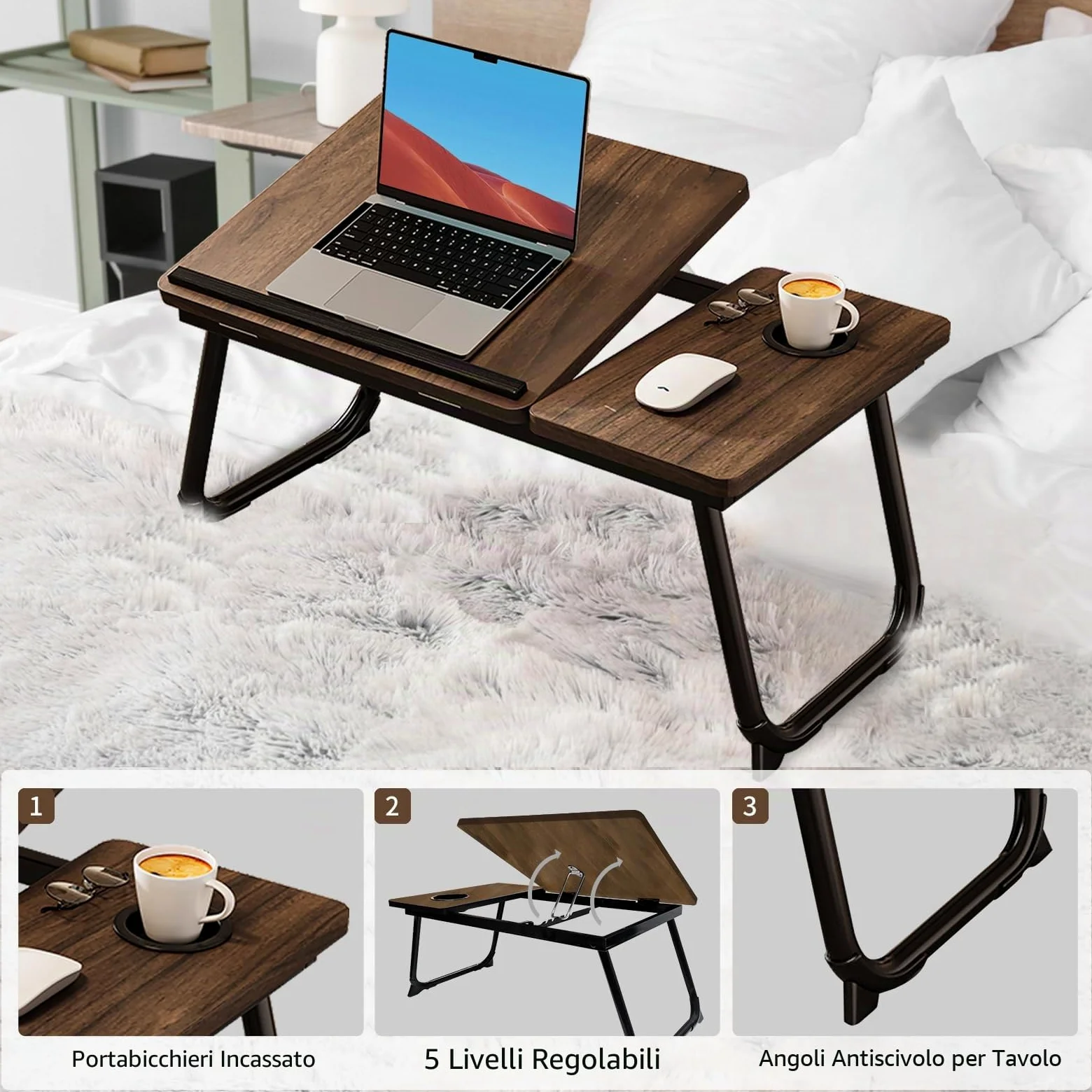Tavolo per computer portatile da letto, pieghevole, tavolo da letto per laptop, tavolo per notebook, vassoio da letto, vassoio per la colazione, tavolo da letto pieghevole, lapdesk, marrone
