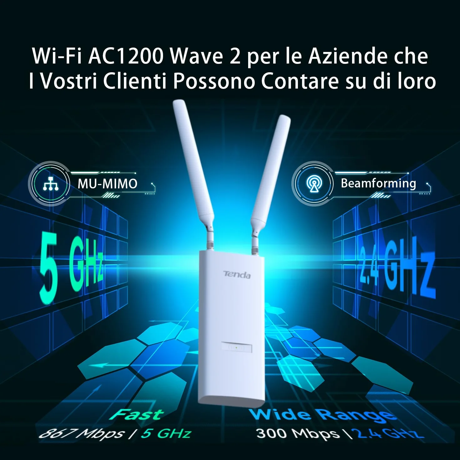 Tenda OAP1200 Access Point Esterno AC1200 Doppia Banda, Indoor/Outdoor Access Point 1200Mbps, IP65, MU-MIMO, OFDMA, Roaming Senza Interruzioni, Fino a 256 Dispositivi, PoE 802.3af & Passive PoE