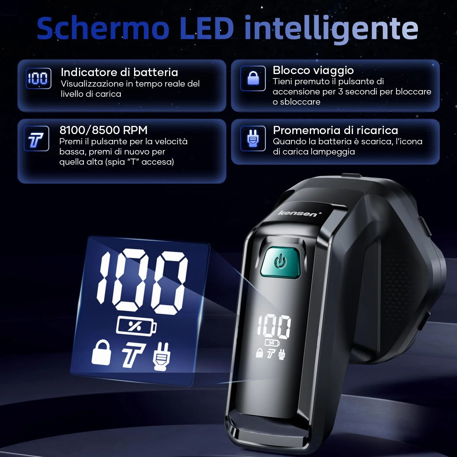 kensen Rasoio Elettrico Testa Calva Uomo 7D IPX6 Impermeabile 100 Minuti Autonomia Testina Taglio Magnetica USB-C 8100 8500 giri/min