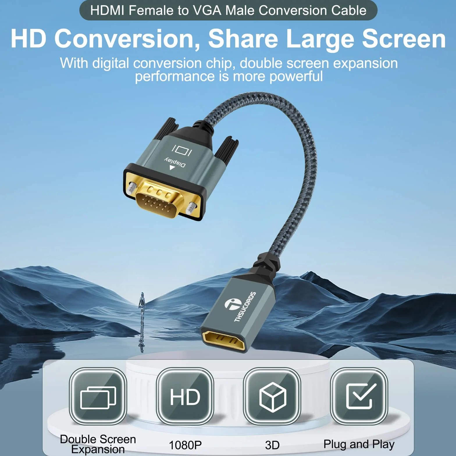 Thsucords Cavo Adattatore HDMI a VGA 0,3M 2 Pezzi, Nylon intrecciato HDMI Femmina a VGA Maschio Extension Extender supporto 720P/1080P PC Computer Desktop Laptop Monitor HDTV Proiettore