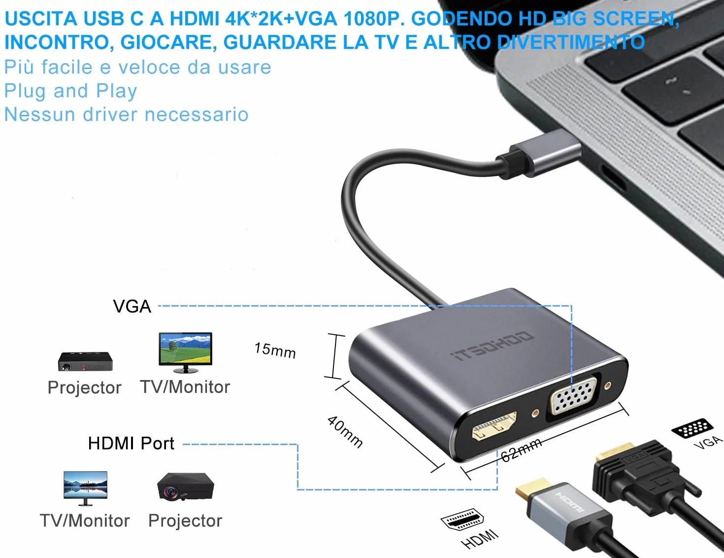 Adattatore da USB C a HDMI VGA, Convertitore da USB tipo C Thunderbolt 3 a VGA HDMI 4K per MacBook Pro/Air 2020 2019, iMac, Dell XPS 13/15, Surface Go, Galaxy S20, Chromebook
