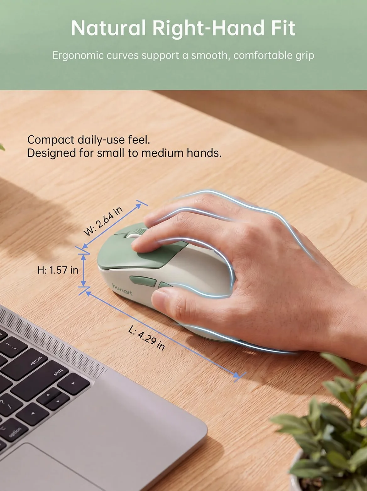 hunart H6 49 g mouse wireless, Bluetooth e mouse ricaricabile 2,4 GHz, leggero mouse ergonomico silenzioso con ricarica USB-C, mouse portatile da ufficio destro per laptop, PC, MacBook, tablet, verde