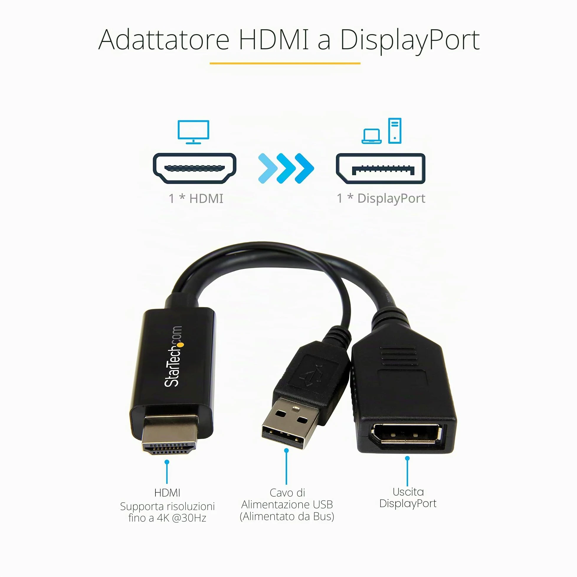 Startech.Com Adattatore / Convertitore Hdmi A Dp Alimentato Via Usb - Ultra Hd 4K, Nero | Connettori Maschio/Femmina, Nessuna Alimentazione Esterna Necessaria, Plug and Play