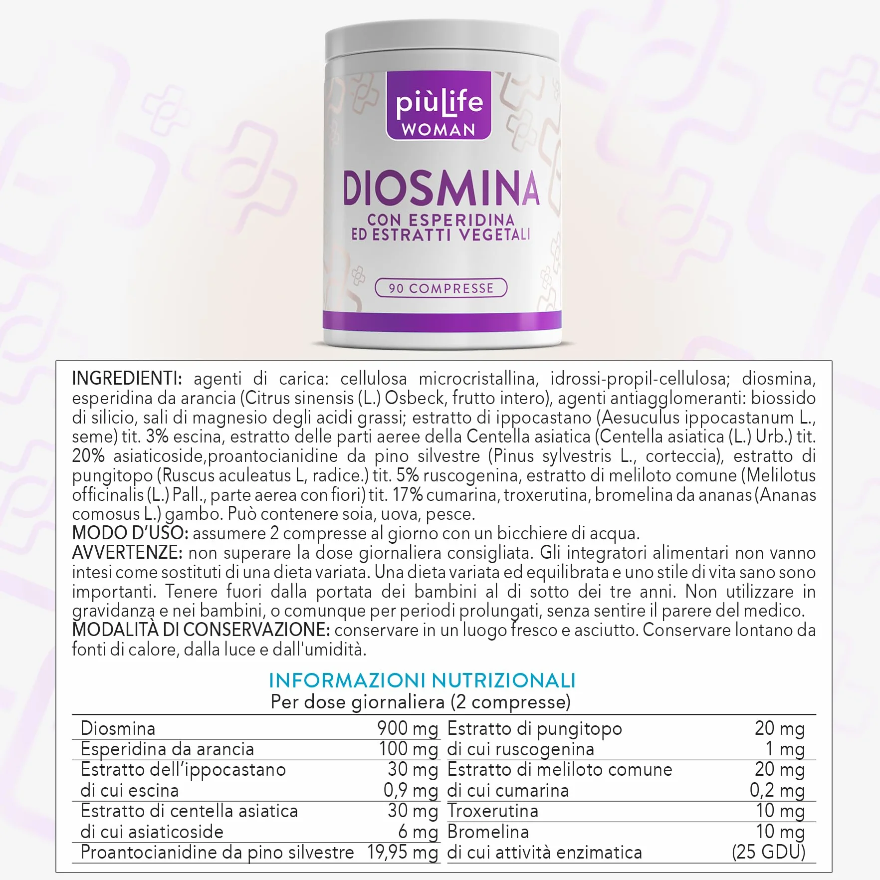 PiùLife Diosmina Esperidina 1000mg Integratore microcircolo gambe pesanti 90 compresse