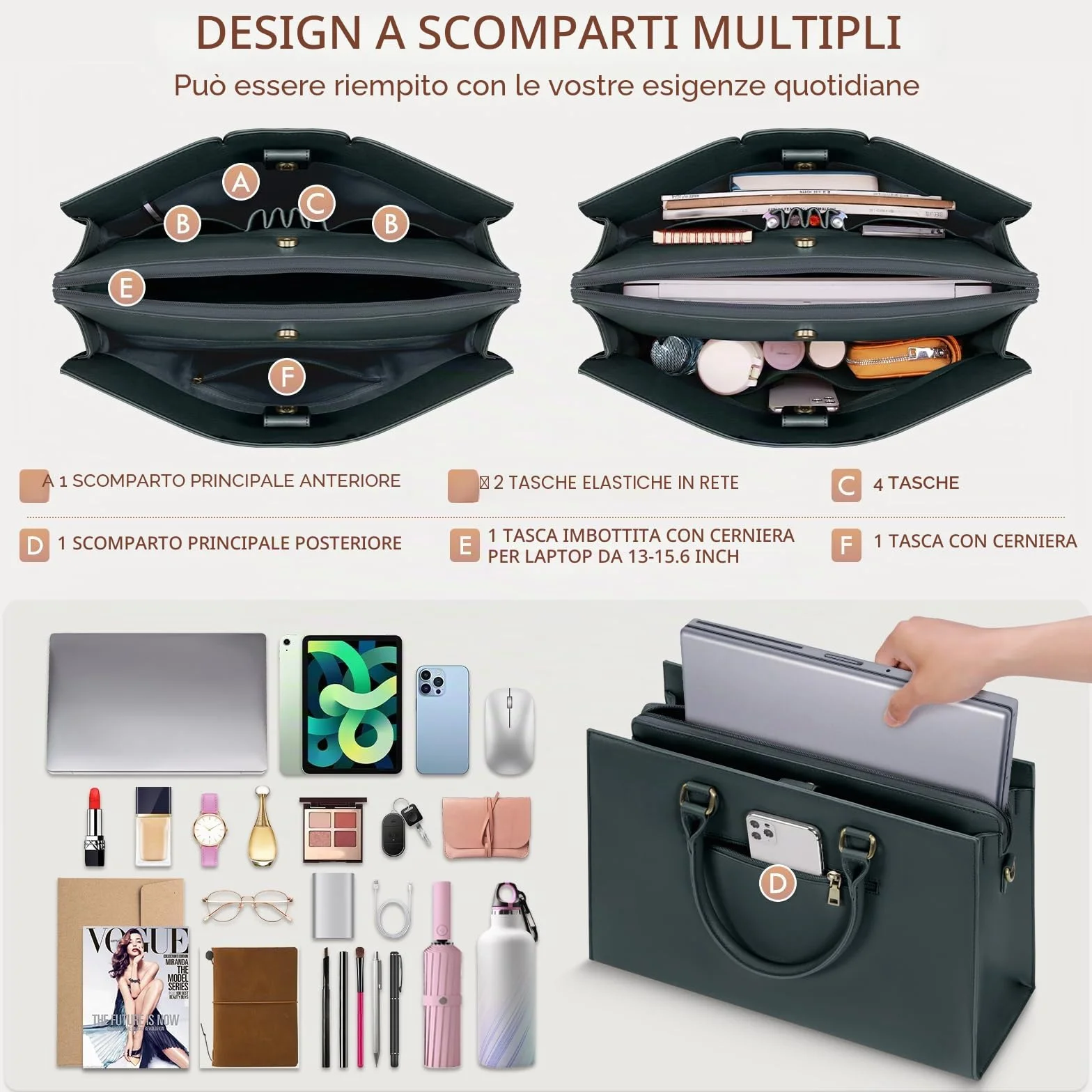 RAINSMORE Borsa Lavoro Donna PU Pelle Porta PC Ufficio Università Tote Bag Tracolla Grande 15.6 Pollici Verde Scuro