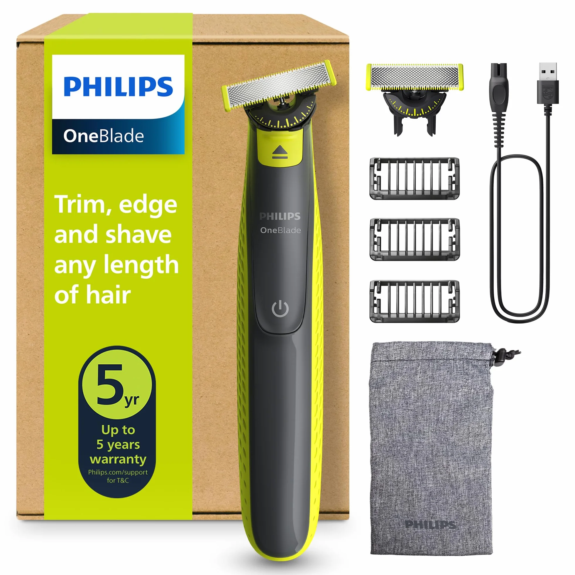 Philips OneBlade 360 Regolabarba e rasoio elettrico, 2x 360 lame, 3 pettini 1-5 mm