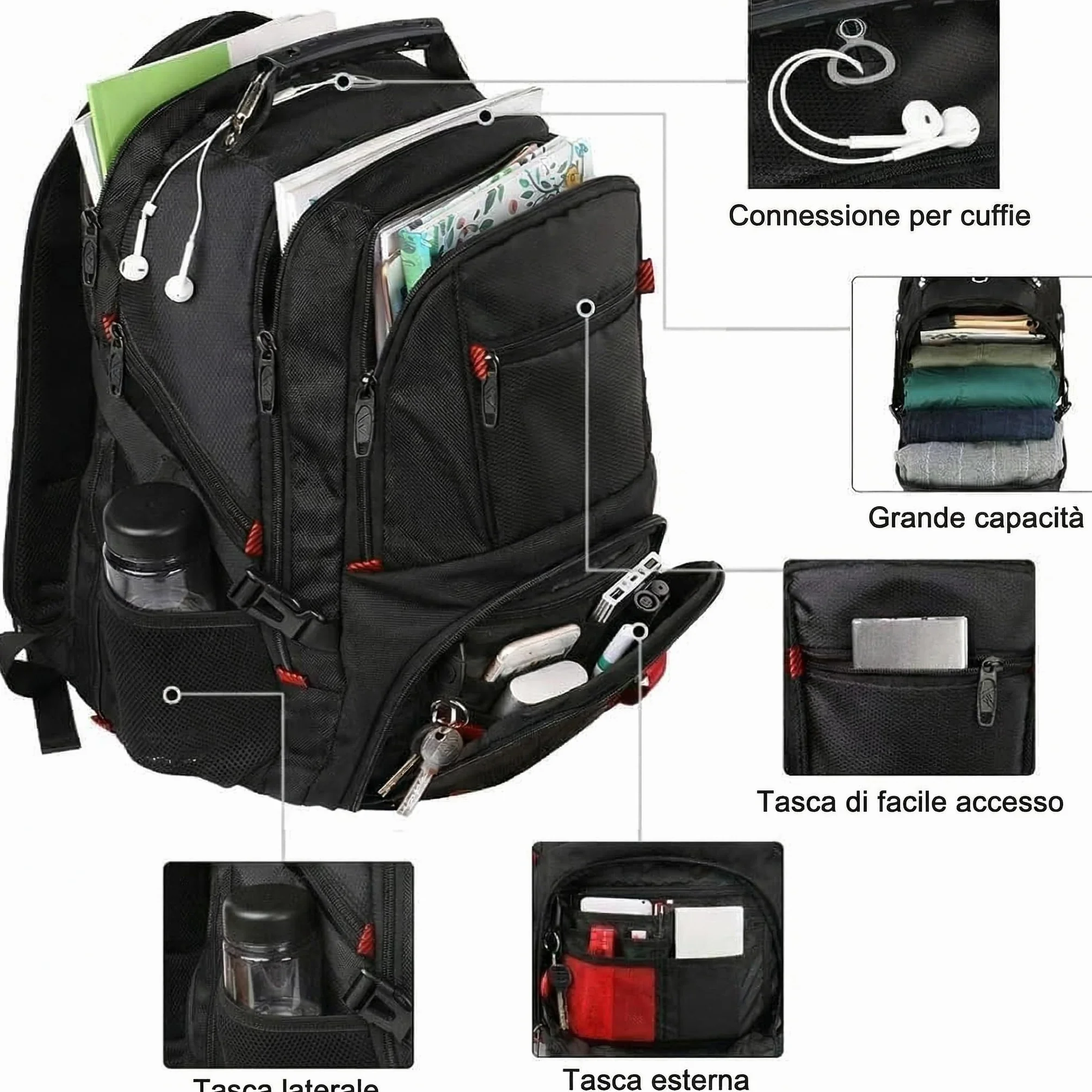 MATEIN Zaino Uomo Grande 50L, Zaini Porta PC 17 Pollici Zaini Lavoro Uomo borsa Capiente, Impermeabile Zaino per PC Portatile Laptop Computer Notebook Viaggio Ufficio Scuola Università, Nero